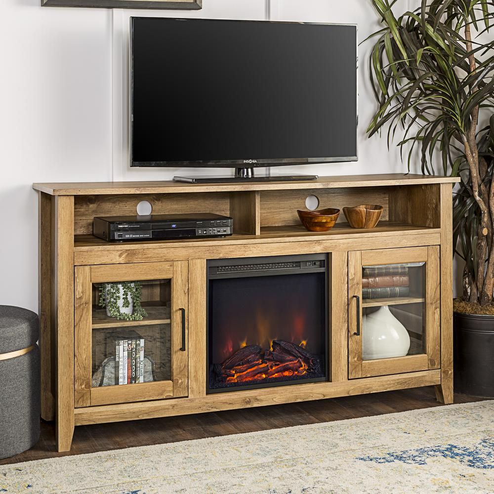 58" Wood Highboy Fireplace Media Tv Stand Console – Barnwood Inside Wood Highboy Fireplace Tv Stands (Photo 3 of 15)