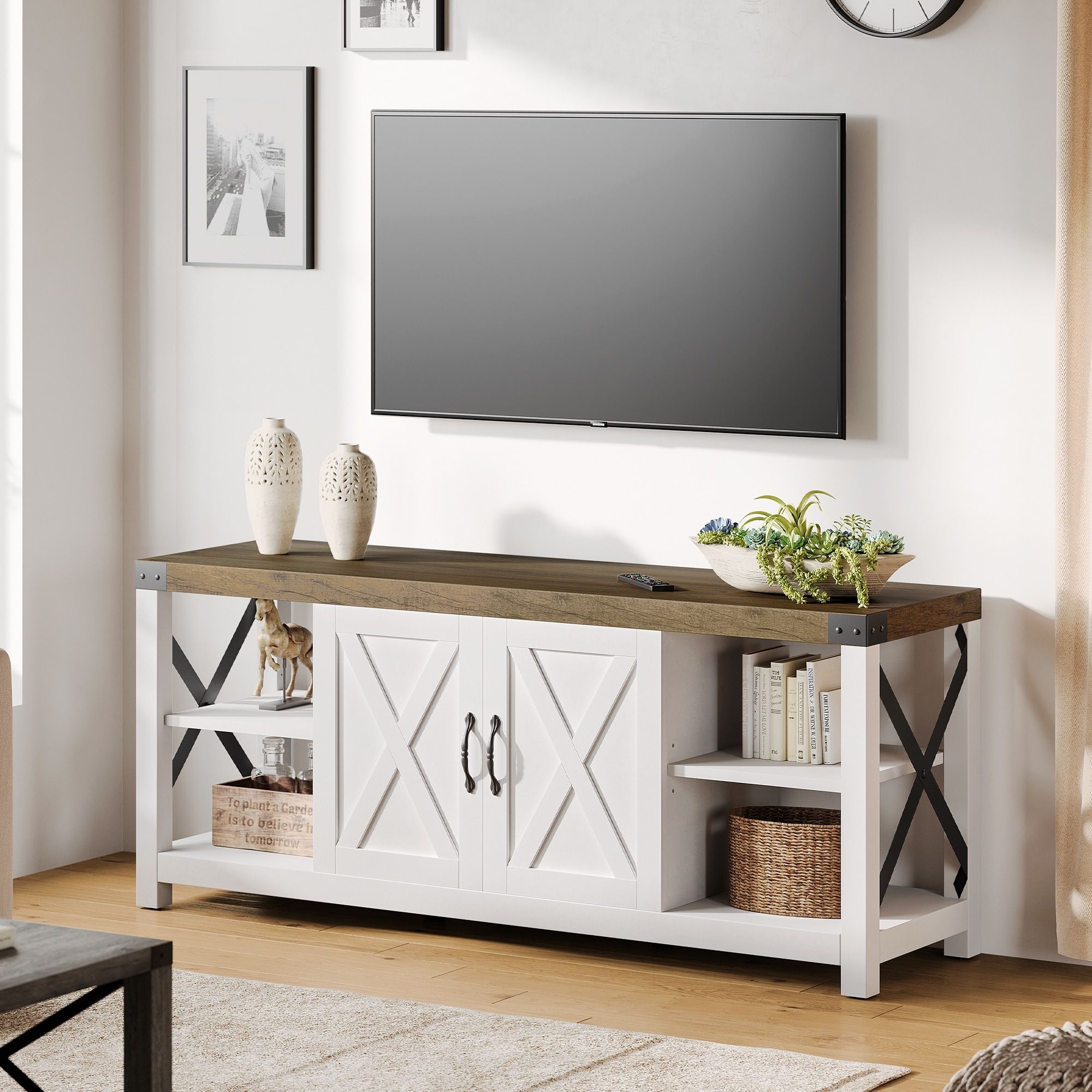 59 Inch Tv Stand For Tv Up To 50 60 65 Inches, Farmhouse Wood Tv Cabinet  Entertainment Center – 59" – On Sale – Bed Bath & Beyond – 36742172 Within Farmhouse Stands For Tvs (View 13 of 15)