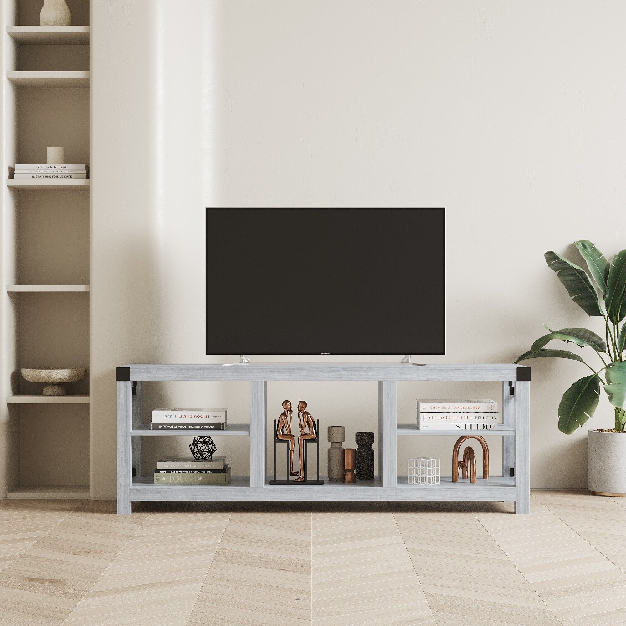 61" Tv Stand Media Console Table With Open Storage Shelves, Entertainment  Center Corner Tv Stands For Living Room Office – Bed Bath & Beyond –  39003051 Inside Cafe Tv Stands With Storage (Photo 7 of 15)