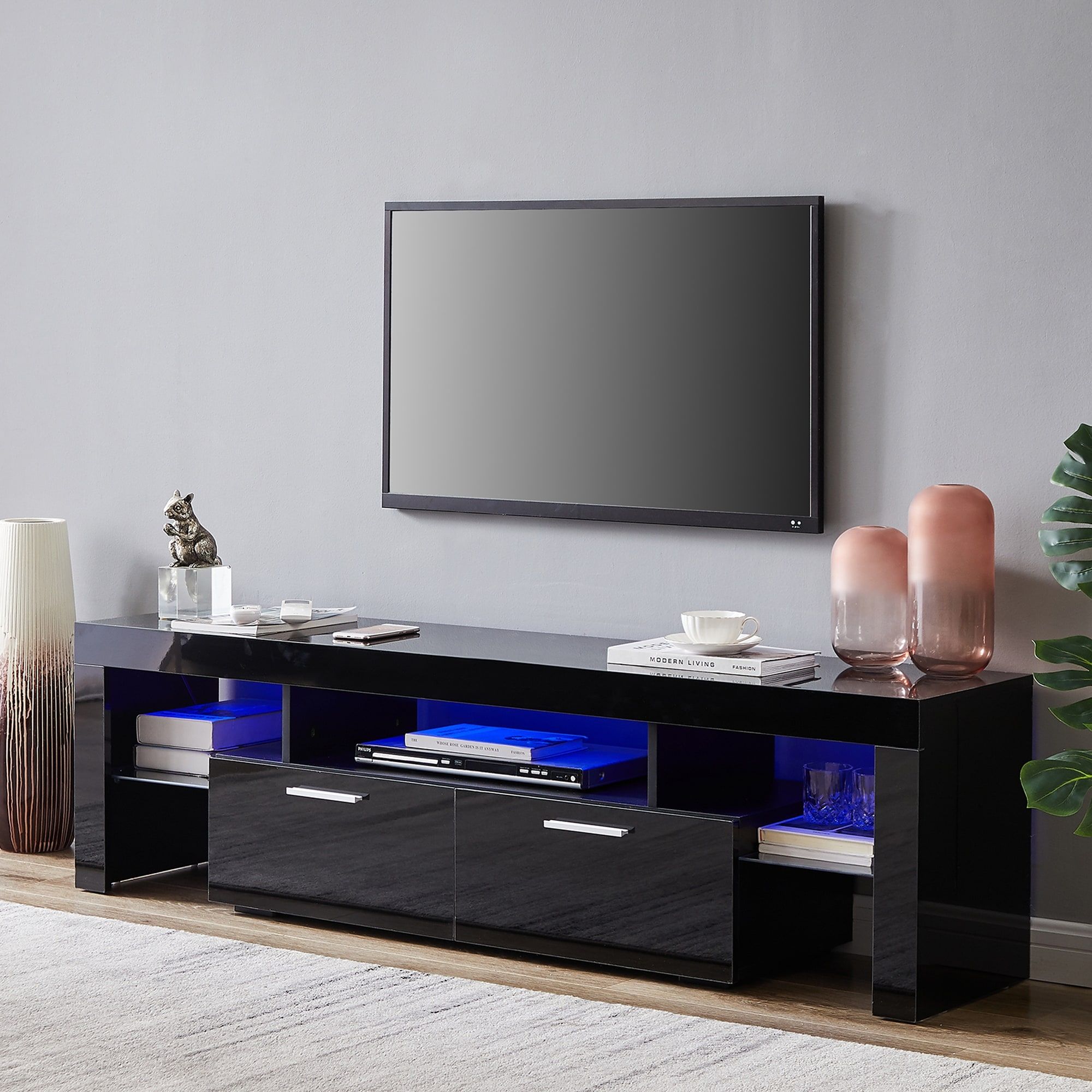 63 Inch Rgb Led Light High Glossy Tv Stand Cabinet With 2 Center Down Open  Tie Rod Big Storage Drawer And 2 Side Glass Shelf – Bed Bath & Beyond –  35473038 Throughout Rgb Entertainment Centers Black (View 2 of 15)