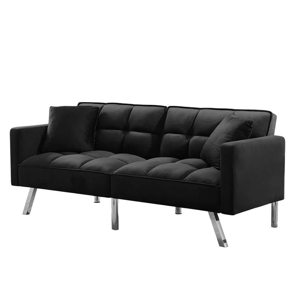 74 In. W Square Arms Velvet Futon Twin Size Sofa Bed 3 Seater Straight Sofa  With 2 Pillow In Black Ec Sfbk 8224 – The Home Depot Inside 2 Seater Black Velvet Sofa Beds (Photo 14 of 15)