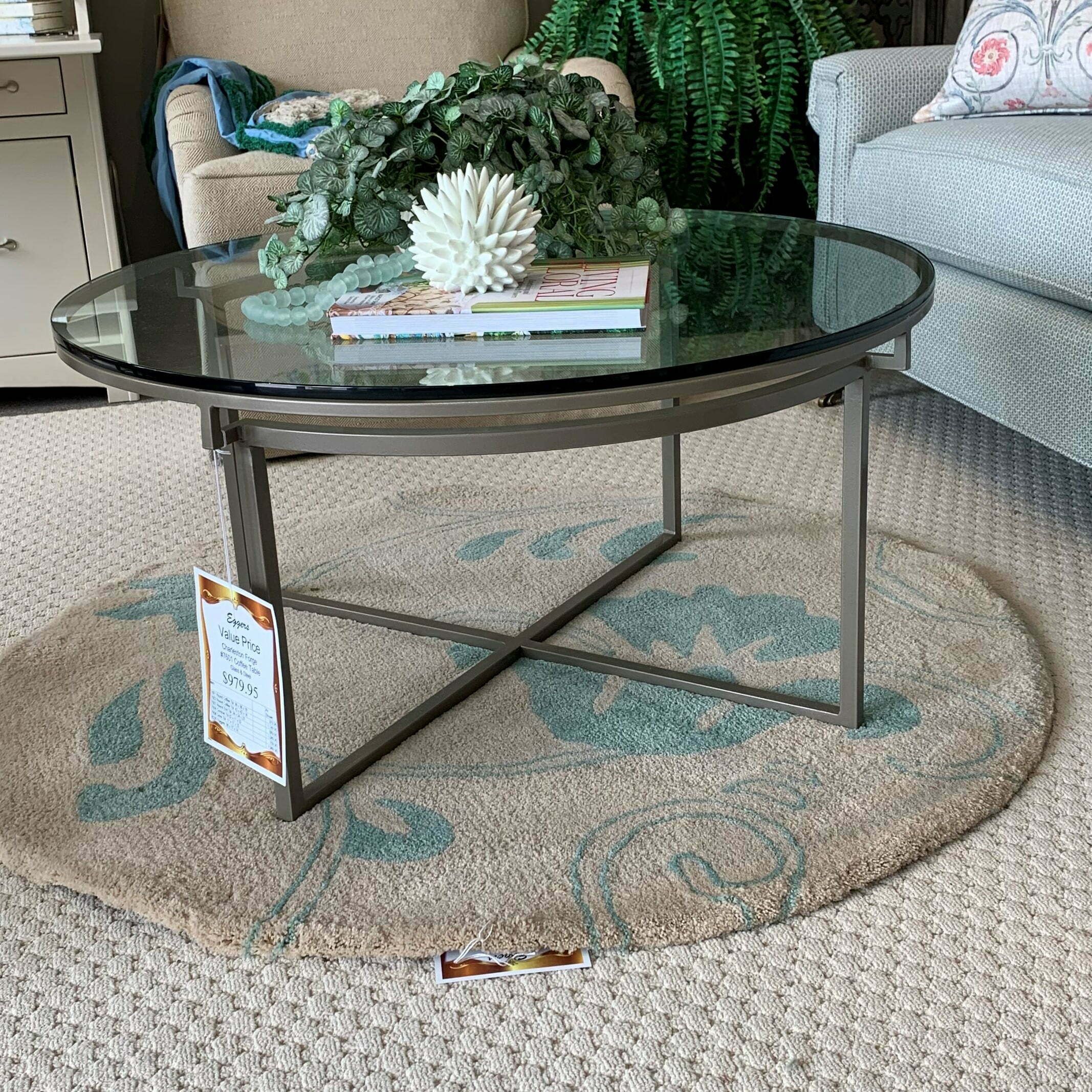 7601 Glass Top Coffee Table, 36″ Round, With Steel Base, Pewter Finish,  Quality Builtcharleston Forge – Egger'S Furniture With Coffee Tables With Round Wooden Tops (View 12 of 15)
