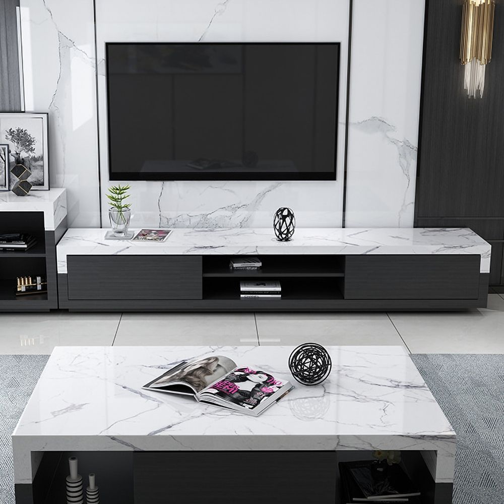 78" Black Tv Stand Faux Marble Top Media Console With 2 Drawers & 1 Shelf |  Faux Marble, Black Tv Stand, Tv Room Design Throughout Black Marble Tv Stands (View 4 of 15)
