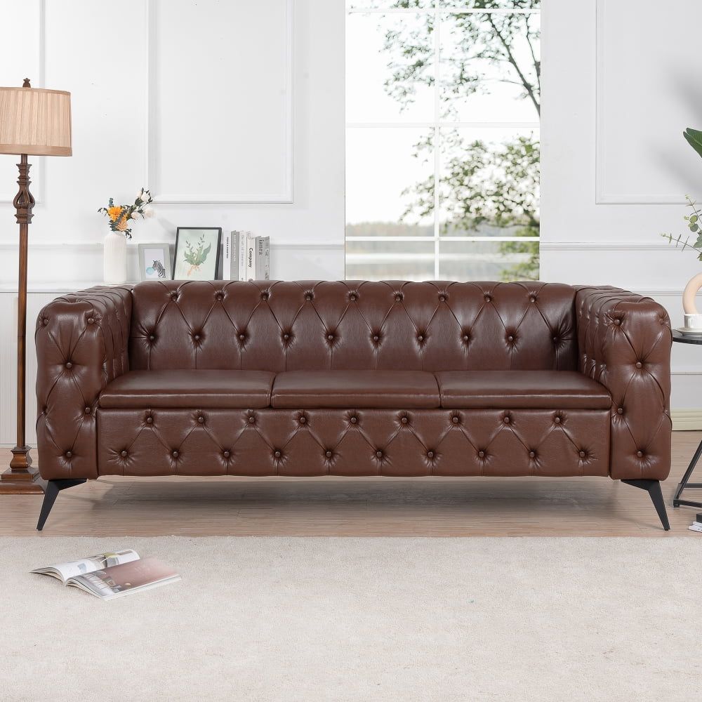 84.06"W Leather Sofa Couch,Traditional Square Arm 3 Seater Sofa With Padded  Cushion And Metal Legs,Upholstered Chesterfield Sofa With Button Tufted For  Living Room Office,Easy To Assemble,Dark Brown – Walmart Regarding Traditional 3 Seater Sofas (Photo 4 of 15)