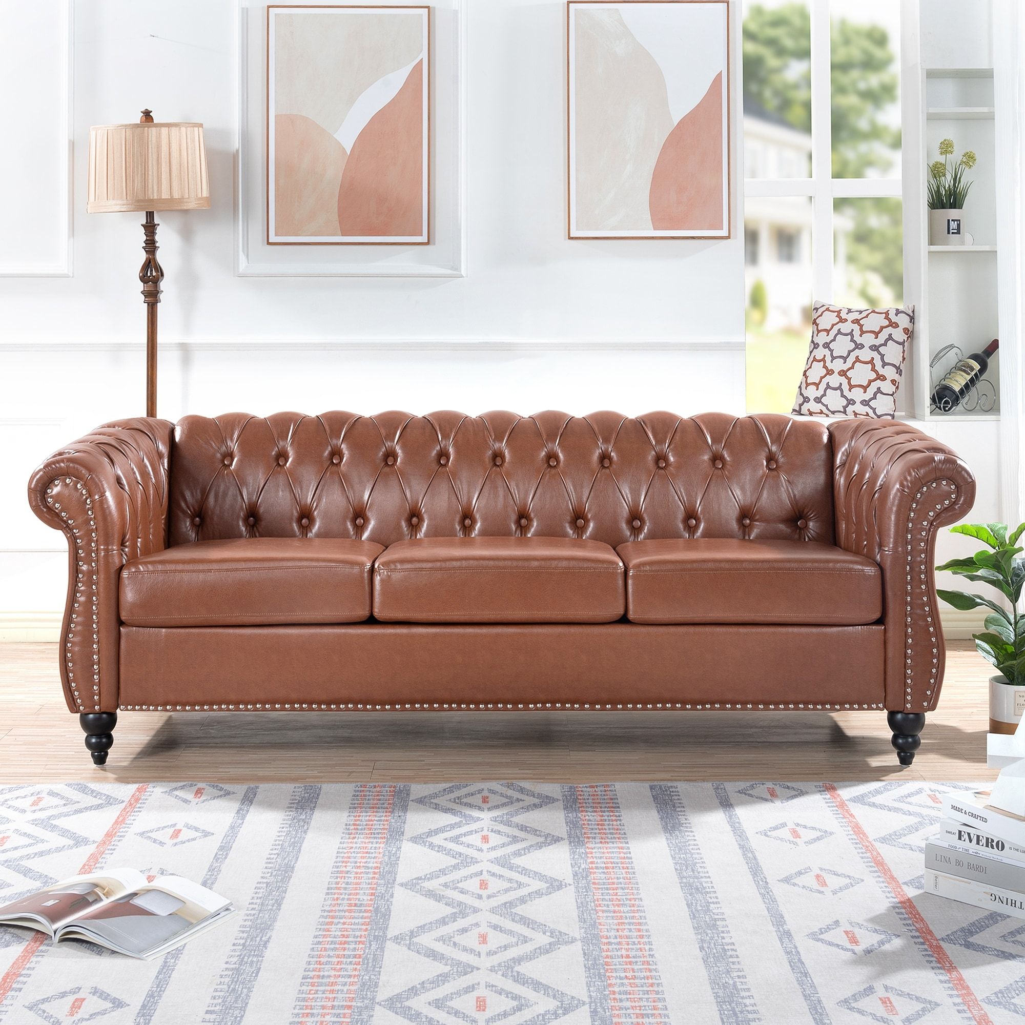 84.65" Traditional Chesterfield 3 Seater Sofa In Pu Leather, Nailheads  Decor – Bed Bath & Beyond – 37988395 In Traditional 3 Seater Faux Leather Sofas (Photo 8 of 15)