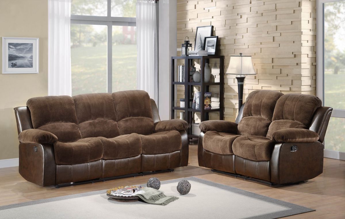 9700Fcp 2 Pc Cranley Collection 2 Tone Chocolate Textured Microfiber And  Brown Faux Leather Upholstered Double Reclining Sofa And Love Seat Set Pertaining To 2 Tone Chocolate Microfiber Sofas (View 4 of 15)