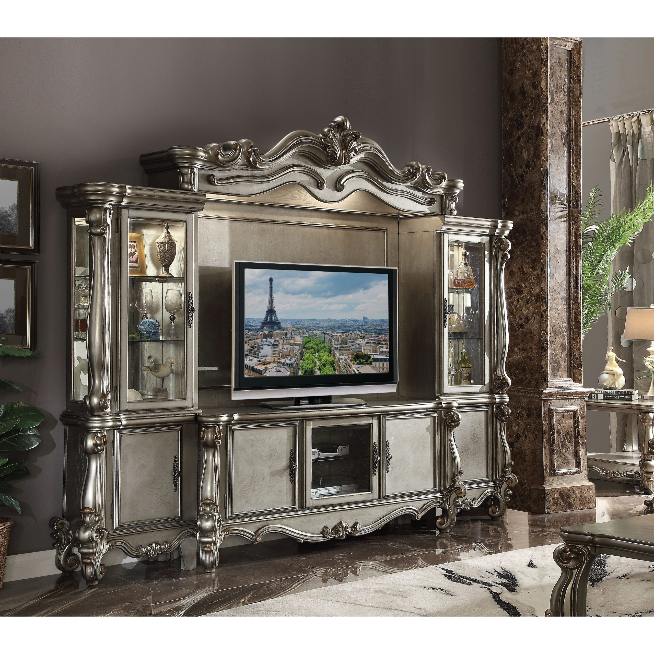 Acme Versailles Tv Console, Antique Platinum (For Flat Screens Tv'S Up To  72 Inches) – On Sale – Bed Bath & Beyond – 21619833 Inside Versailles Console Cabinets (Photo 4 of 15)