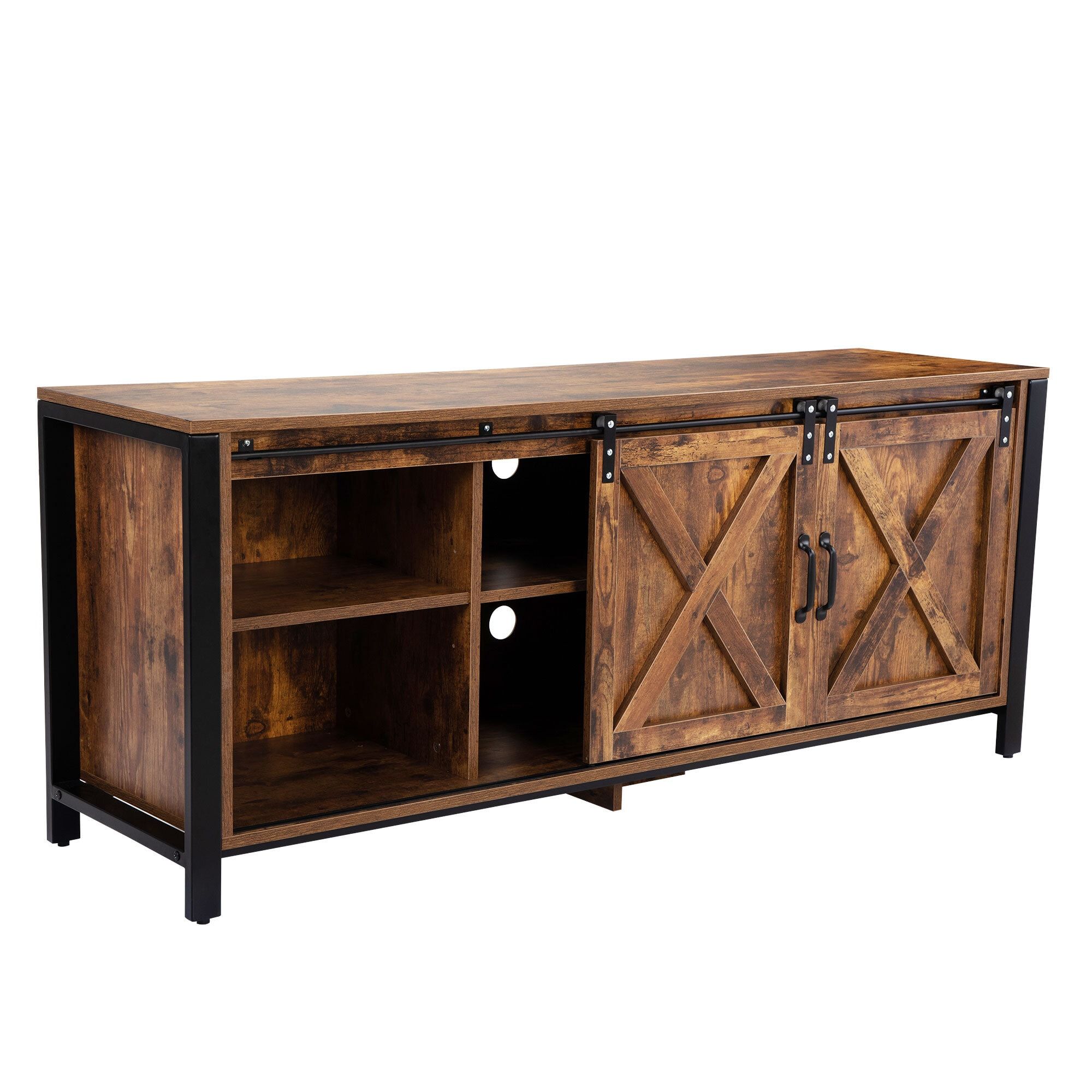 Afoxsos Farmhouse Tv Stand For Tvs Up To 65 In With Sliding Barn Doors And  Adjustable Shelves, Rustic Brown In The Tv Stands Department At Lowes Throughout Barn Door Media Tv Stands (View 12 of 15)