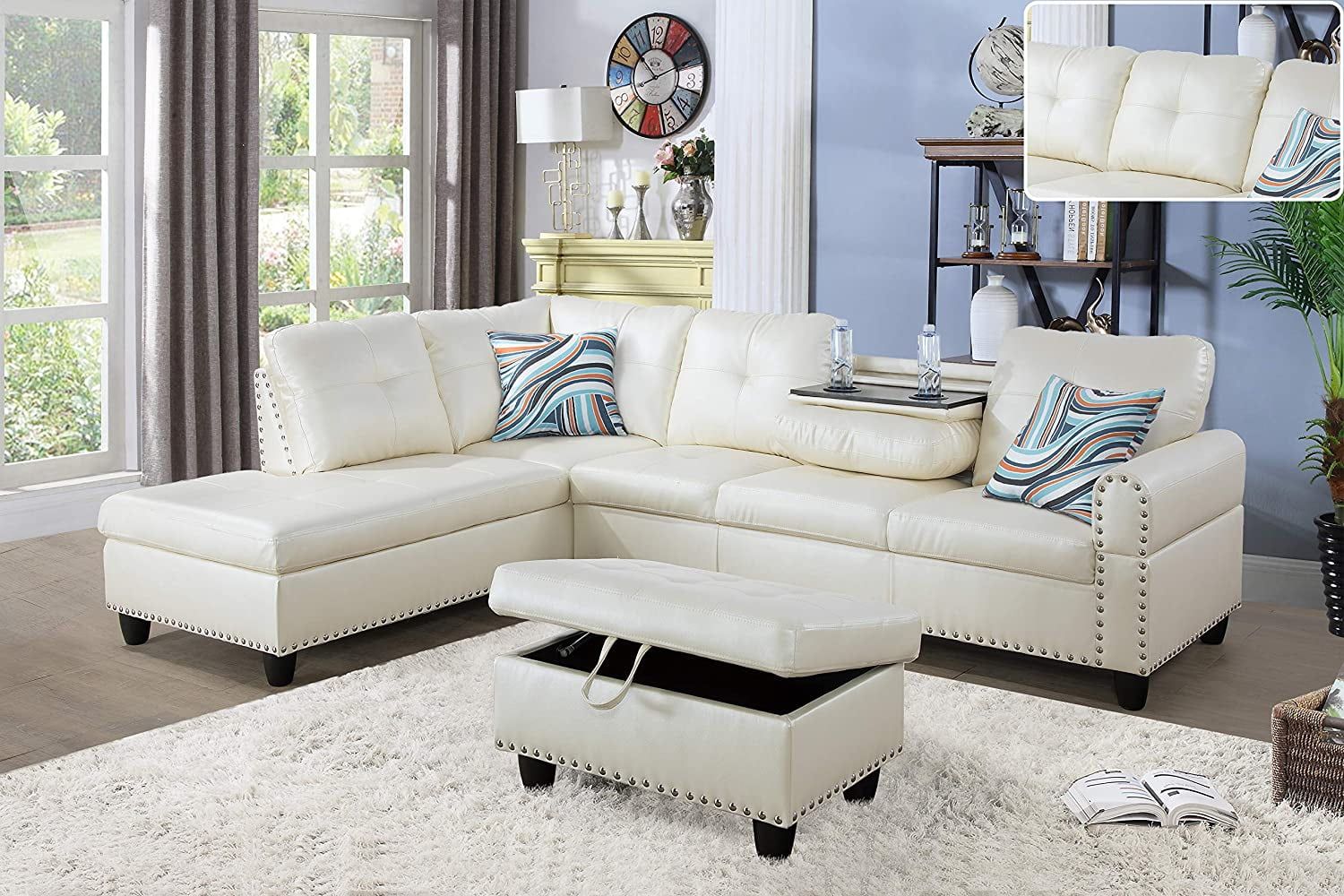 Ainehome Faux Leather Sectional Sofa, Living Room Set With Drop Down Table  & Cup Holder – White – Walmart Pertaining To Faux Leather Sectional Sofa Sets (View 15 of 15)