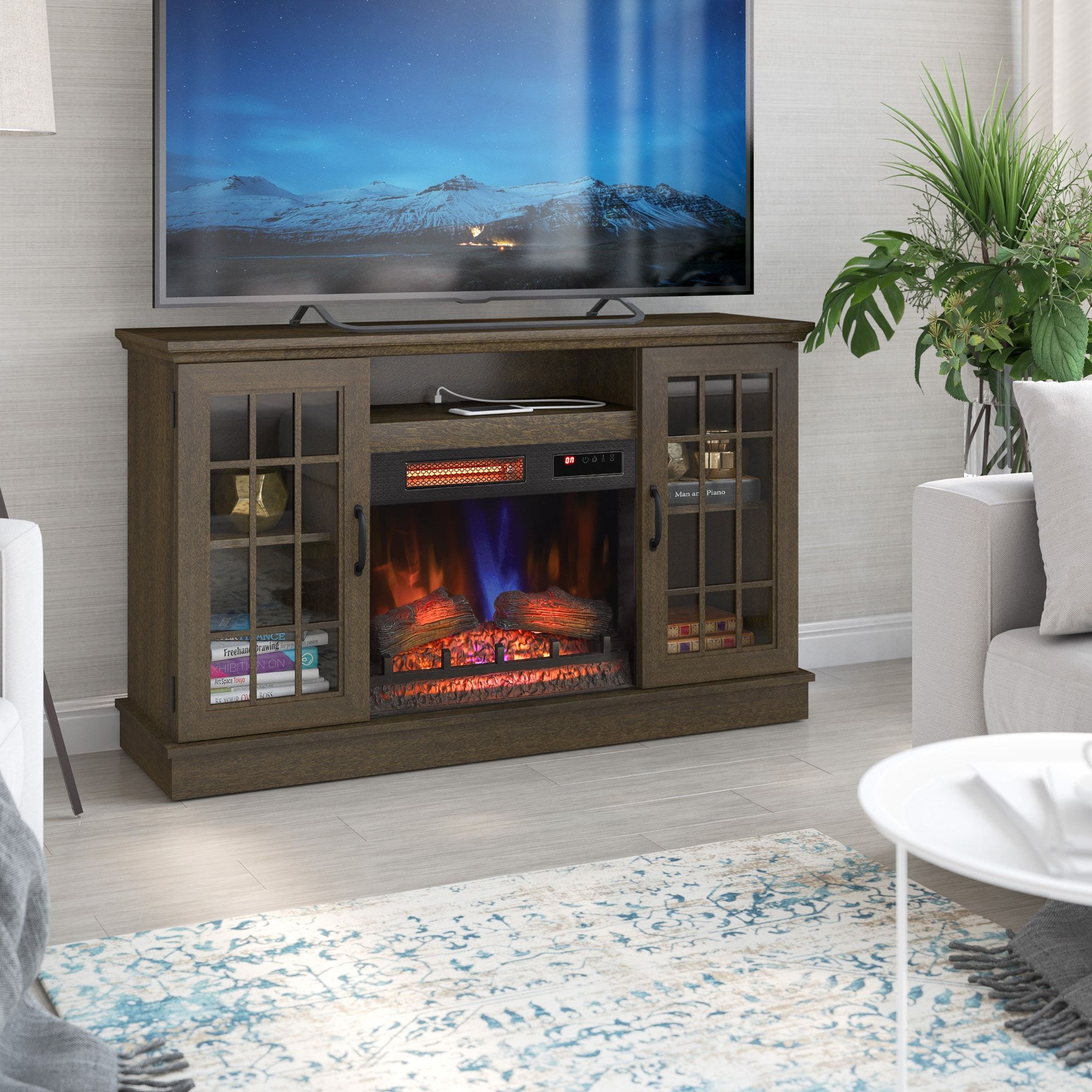 Allen + Roth 54 In W Stanton Birch Tv Stand With Infrared Quartz Electric  Fireplace In The Electric Fireplaces Department At Lowes Inside Electric Fireplace Tv Stands (View 3 of 15)