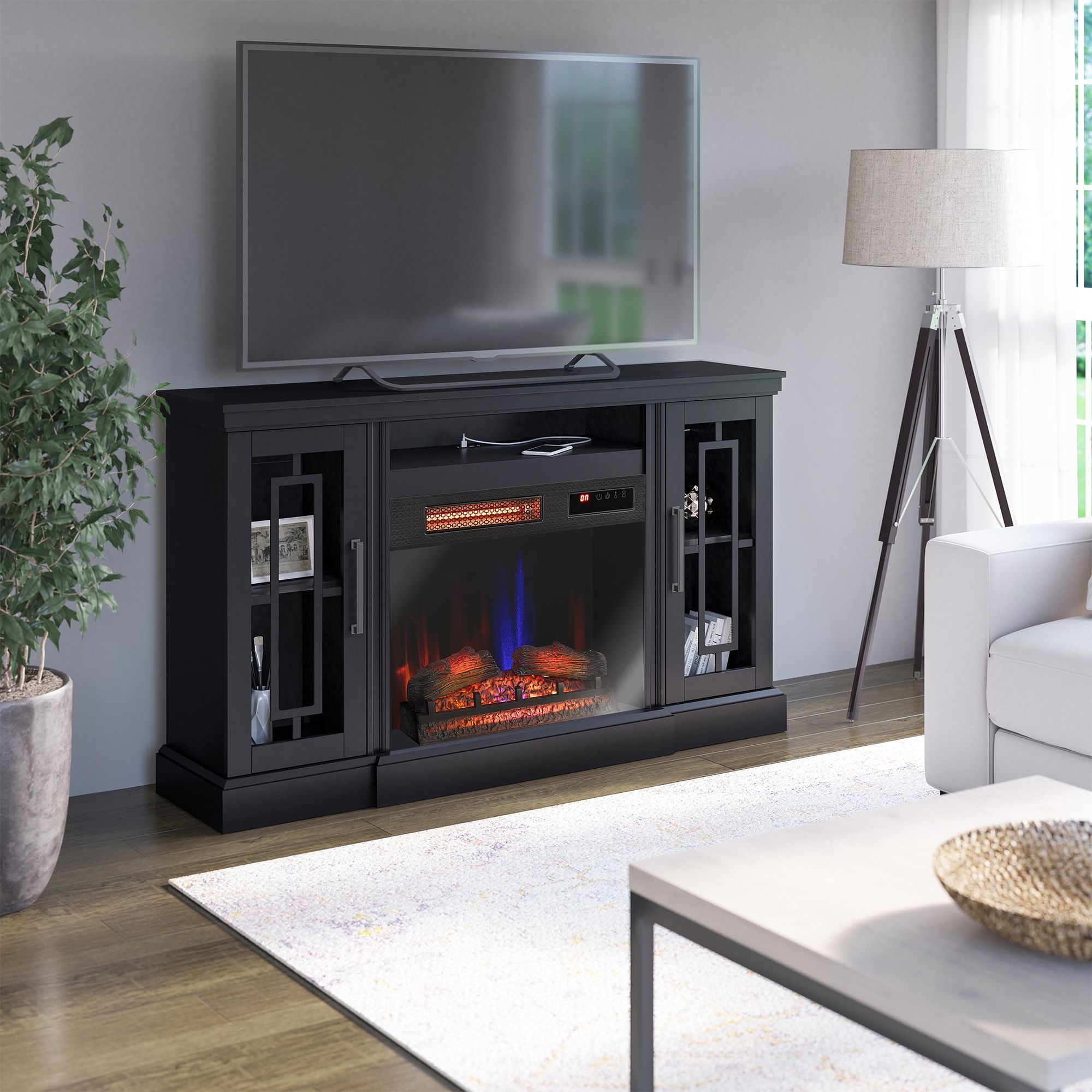 Allen + Roth 62 In W Black Tv Stand With Infrared Quartz Electric Fireplace  In The Electric Fireplaces Department At Lowes In Tv Stands With Electric Fireplace (Photo 11 of 15)