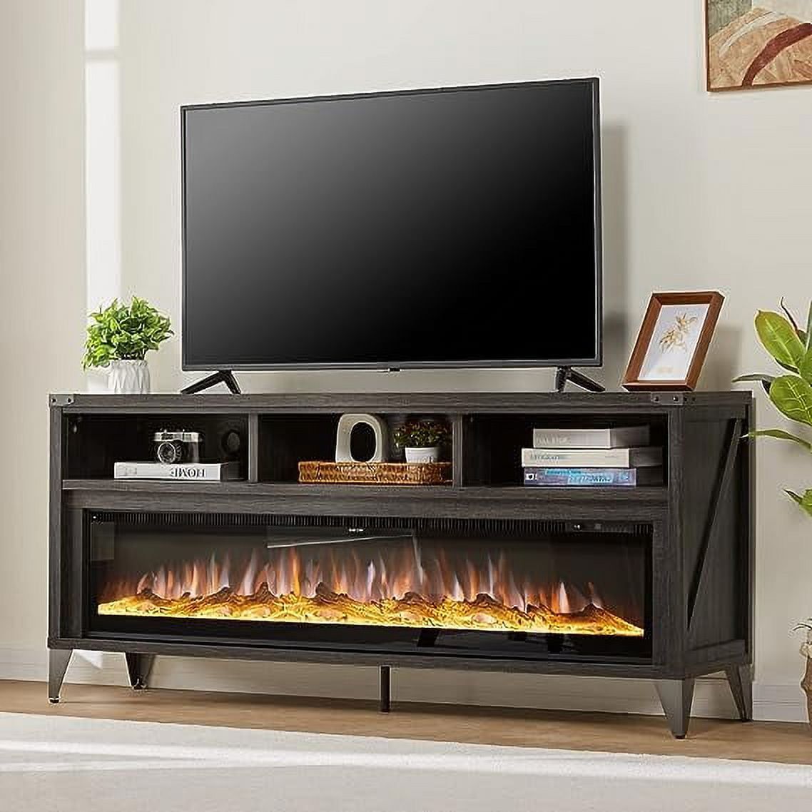 Amerlife 65" Fireplace Tv Stand With 60" Glass Electric Fireplace,  Industrial & Farmhouse Media Entertainment Center With Open Shelve Storage  For Tvs Up To 75", Tv Console For Living Room, Gray – Pertaining To Electric Fireplace Entertainment Centers (Photo 10 of 15)
