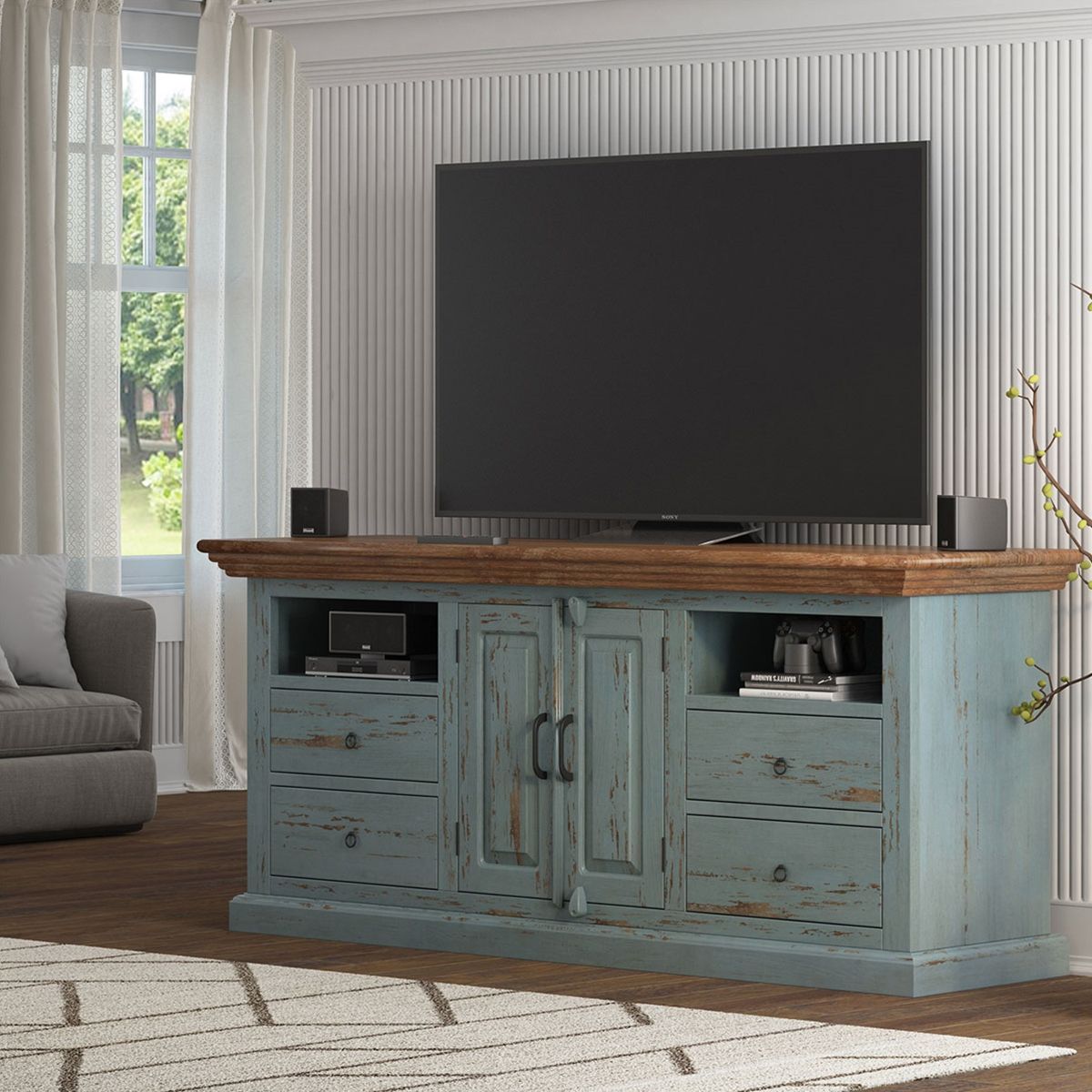Angleton 70" Large Solid Rustic Wood Freestanding Media Cabinet. Within Farmhouse Tv Stands (Photo 12 of 15)