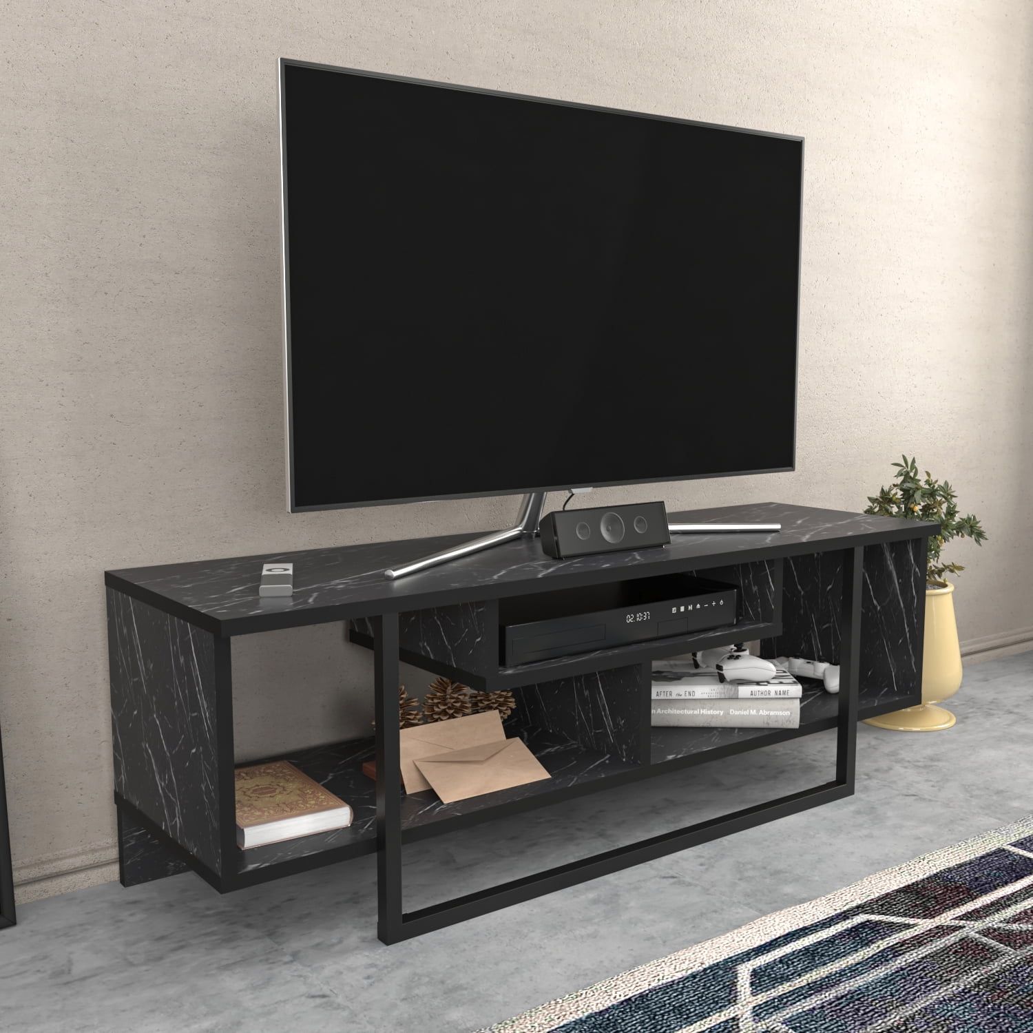 Asal 47" Modern Metal Wood Tv Stand For 55 Inch Tv Marble Black –  Walmart Regarding Black Marble Tv Stands (View 9 of 15)