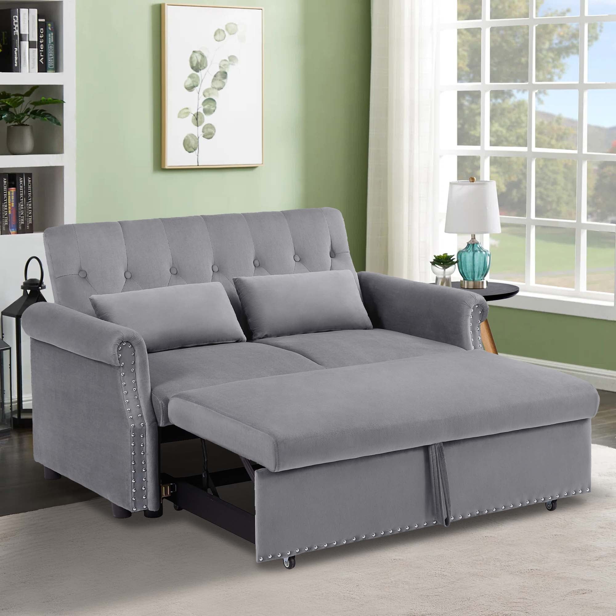 Aukfa 55" Convertible Sleeper Sofa Bed With Pull Out Couch, Velvet Tufted  Button Backrest Loveseat – Gray – Walmart Intended For Tufted Convertible Sleeper Sofas (View 7 of 15)