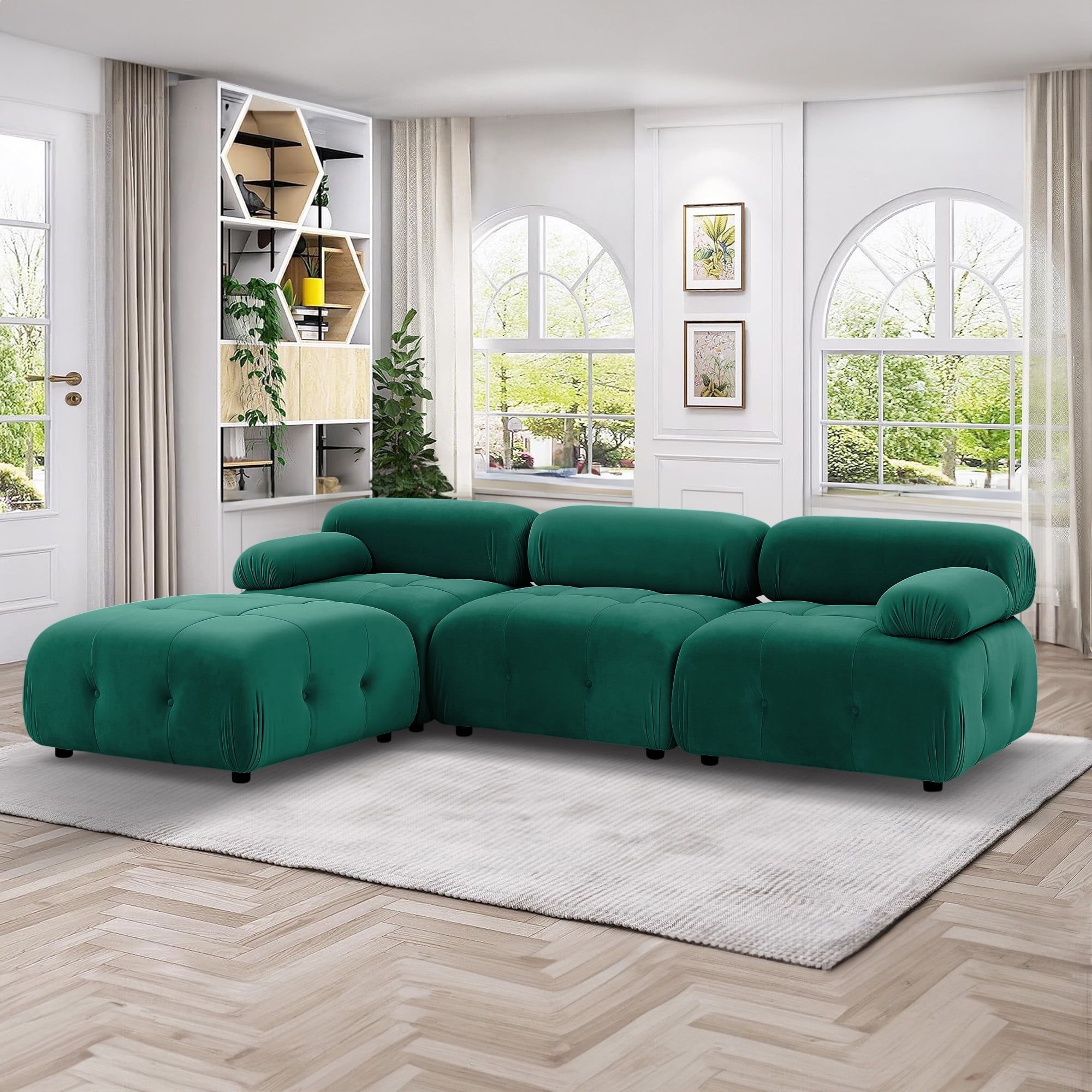 Aukfa 93" Sectional Sofa, Living Room Modular Couch With Ottoman, Pillow  Top Arms, Velvet, Green – Walmart With Regard To Green Velvet Modular Sectionals (View 5 of 15)