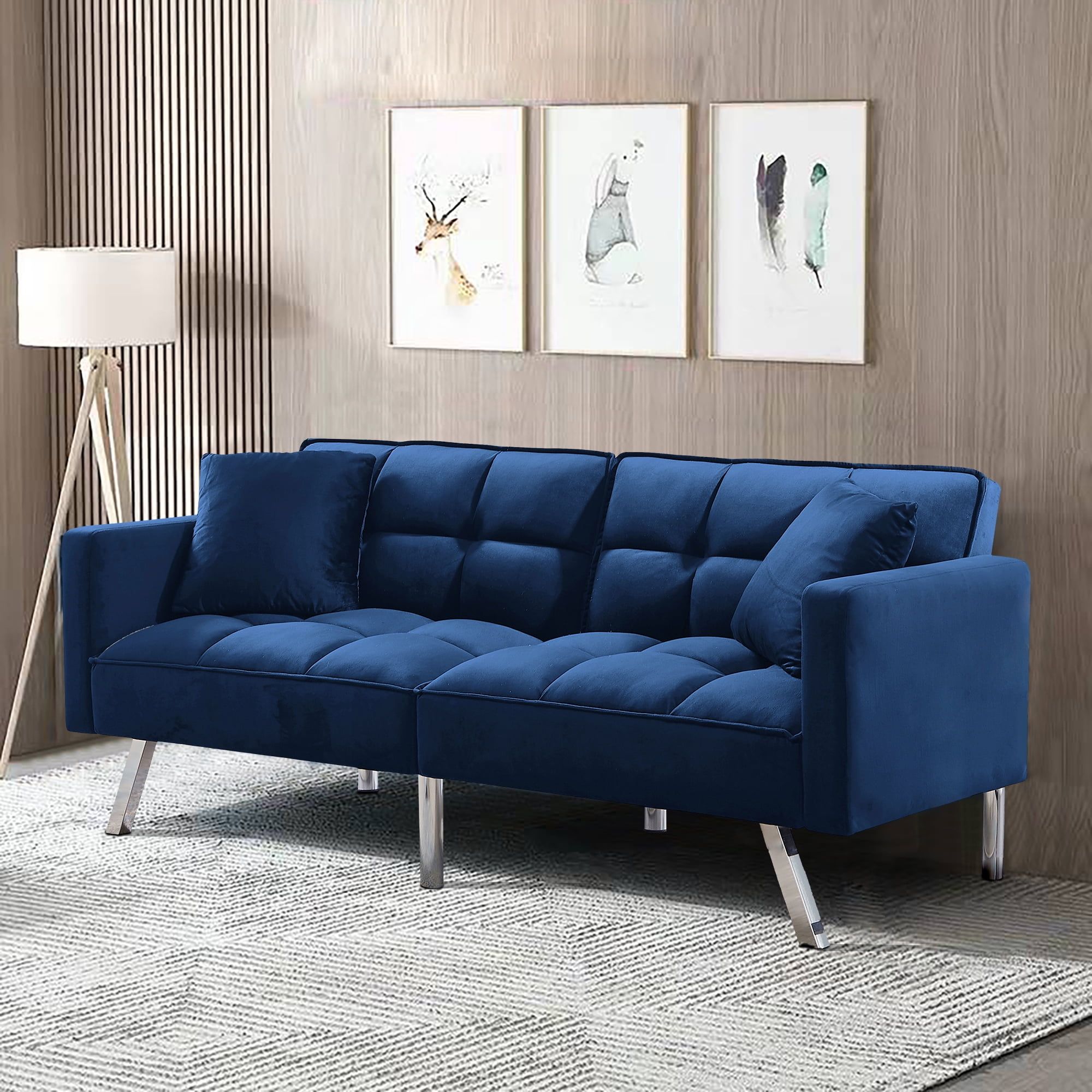 Aukfa Futon Sofa Bed For Living Room, Adult Sleeper Sofa, 74'' Velvet Couch  With 2 Pillows  Navy Blue – Walmart Regarding Navy Sleeper Sofa Couches (View 4 of 15)