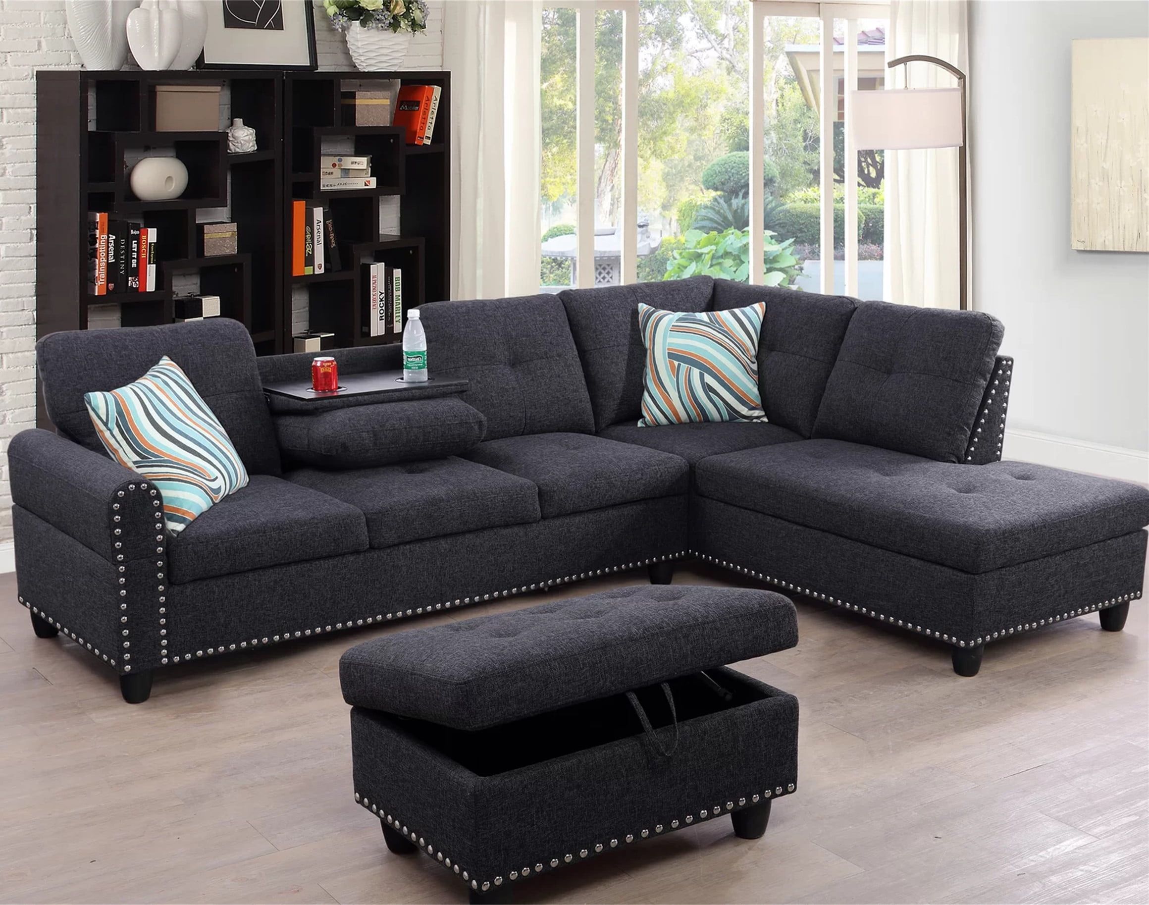 Aukfa Modern Linen Sectional Sofa  Right Facing Chaise  Ottoman  Metal  Nails Decor  Living Room Furniture Set  Black – Walmart Throughout Right Facing Black Sofas (View 3 of 15)