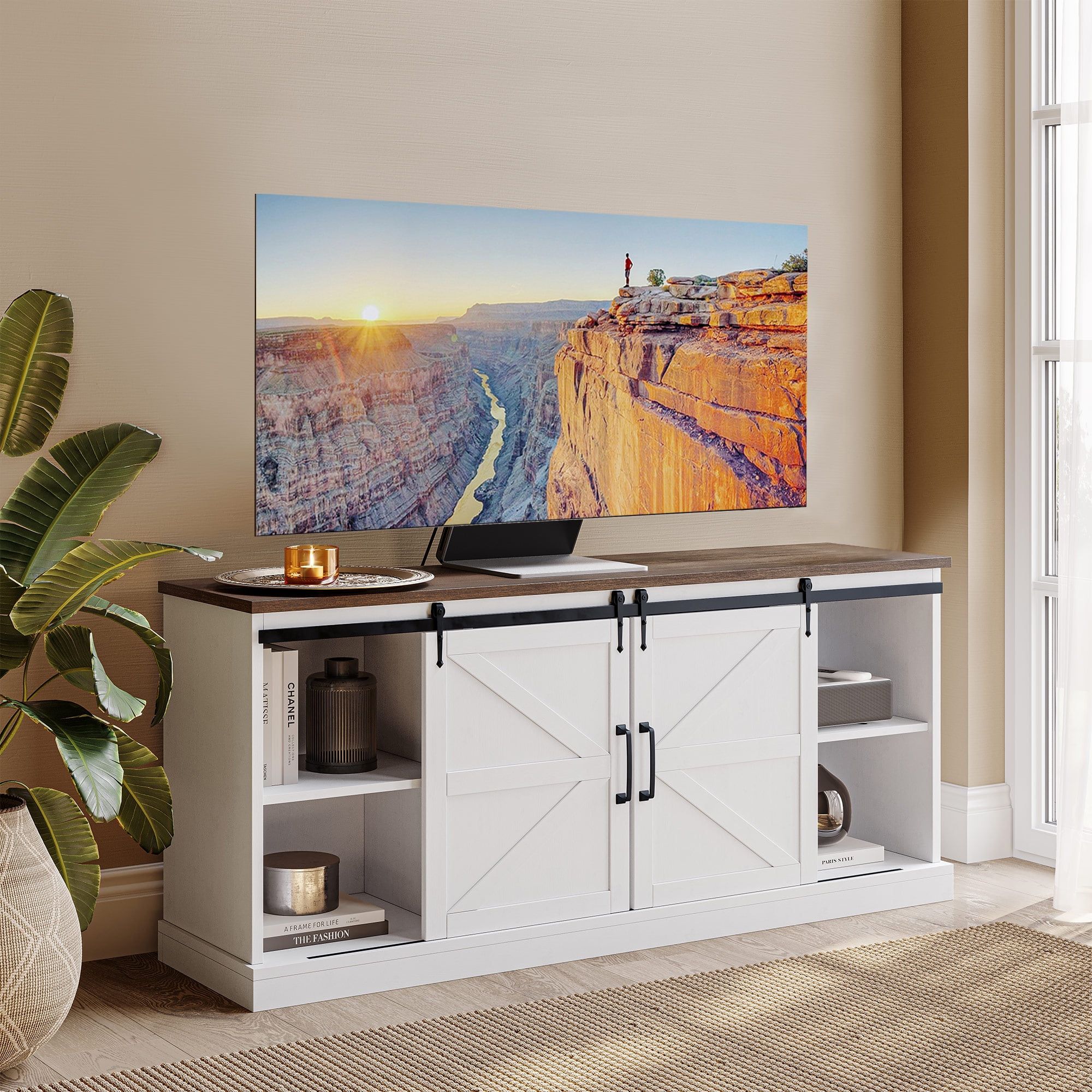 Belleze 58" Tv Stand For Tvs Up To 65", Sliding Barn Door Tv Stand With  Adjustable Side Shelves, Farmhouse Media Console, Rustic Wood Tv Cabinet  Home Entertainment Center With Storage – Truman (White) – Walmart Throughout Farmhouse Media Entertainment Centers (View 11 of 15)