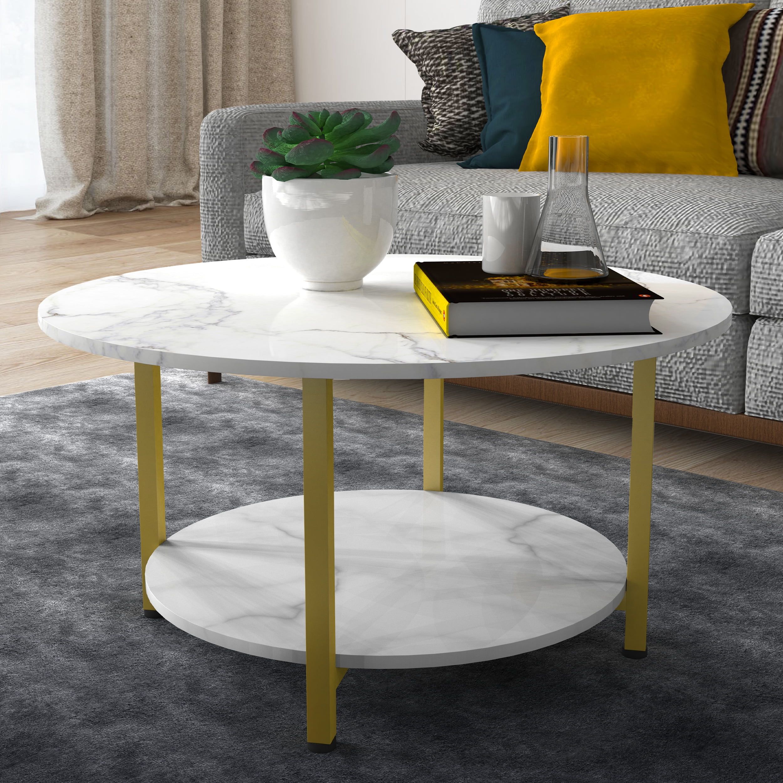 Benton Park Modern Faux Marble 2 Tier Round Coffee, White/Gold – Walmart Throughout Modern Round Faux Marble Coffee Tables (View 12 of 15)
