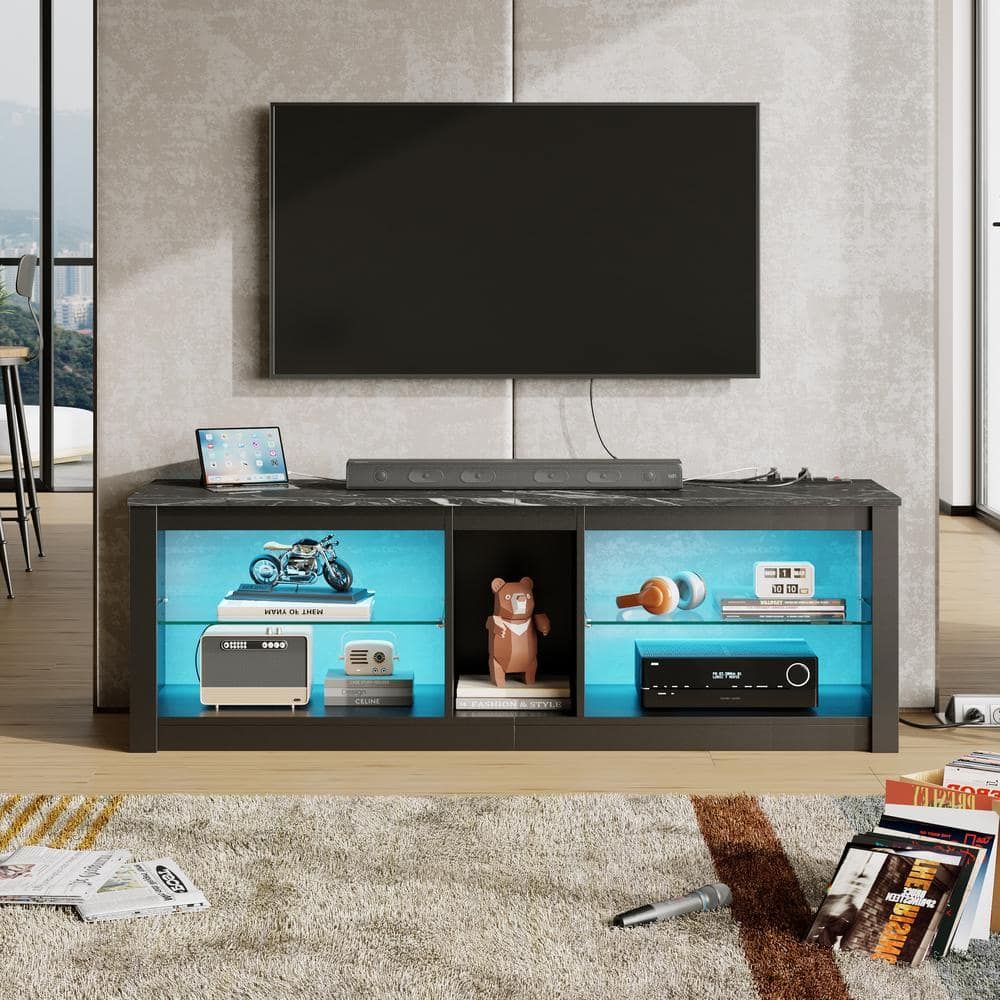 Bestier 55 In. Black Marble Tv Stand With Power Outlets Led Entertainment  Center With Glass Shelves L101014Gus Blkm – The Home Depot In Black Marble Tv Stands (Photo 13 of 15)