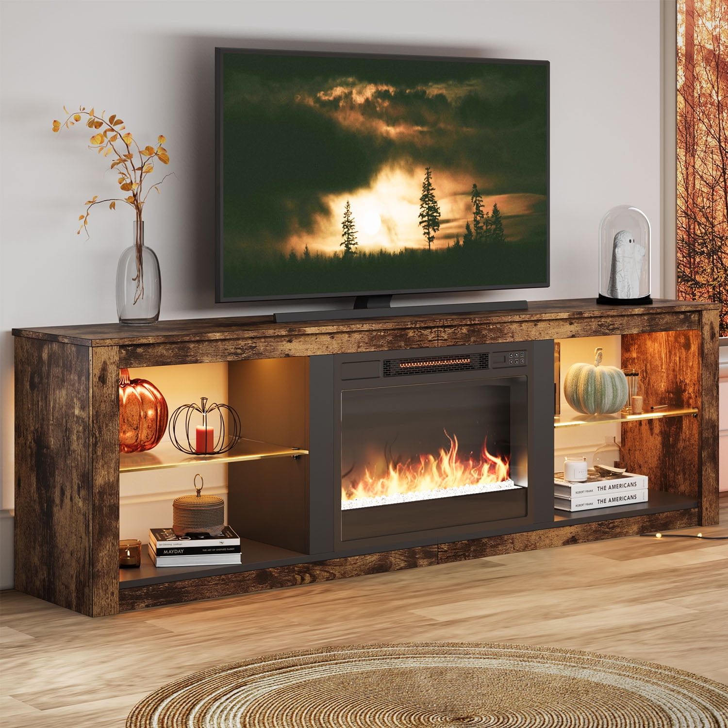 Bestier Fireplace Tv Stand With Led Lights For Tvs Up To 75",Rustic Brown  Finish – Walmart Regarding Bestier Tv Stand For Tvs Up To 75" (Photo 2 of 15)