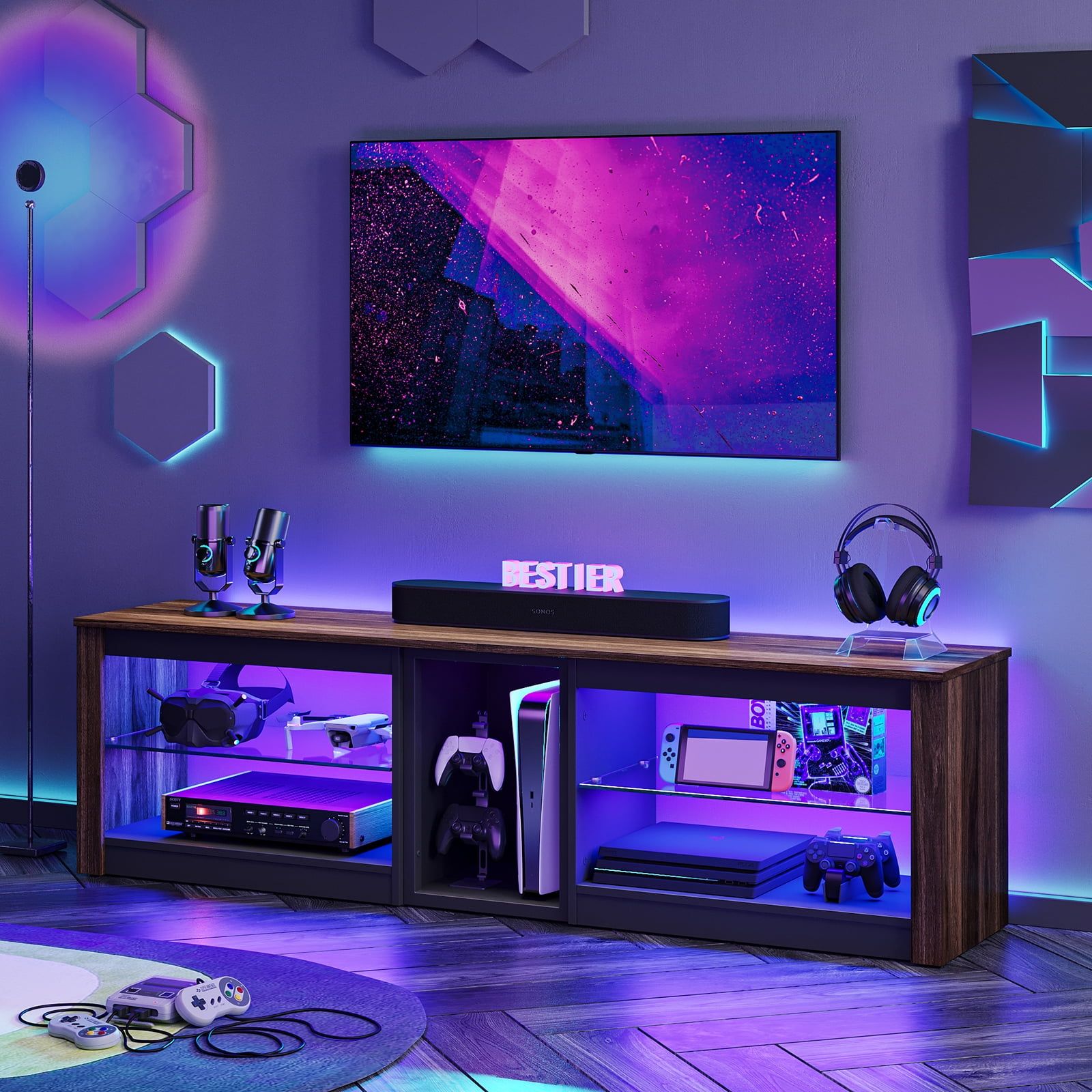 Bestier Tv Stand For Tvs Up To 70'' With Rgb Led Lights, Walnut –  Walmart With Rgb Tv Entertainment Centers (Photo 1 of 15)