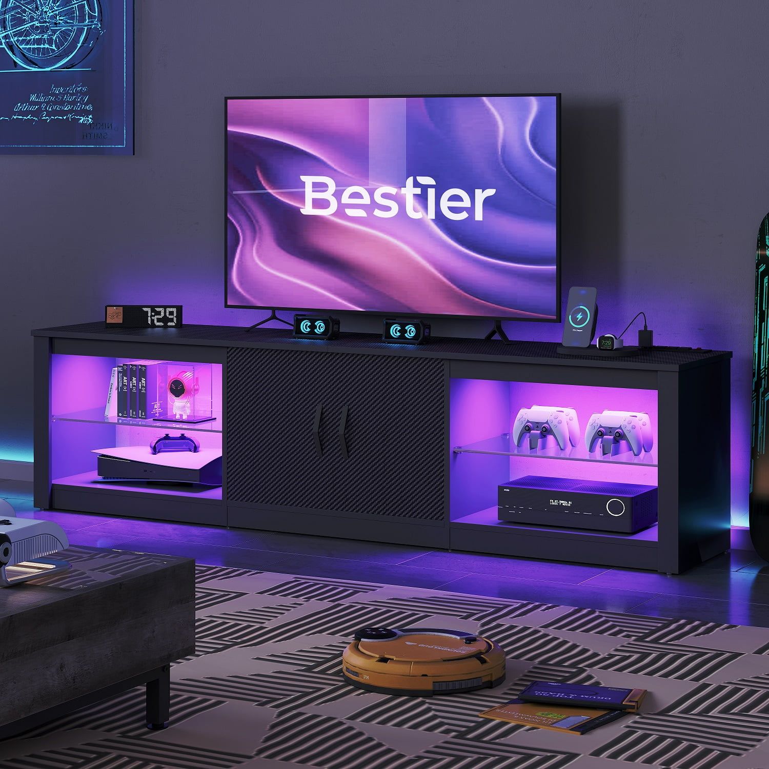 Bestier Tv Stand For Tvs Up To 75" With Led Lights & Power Outlet,  Entertainment Center With Storage Cabinet, Black Marble – Walmart Pertaining To Bestier Tv Stand For Tvs Up To 75" (View 9 of 15)