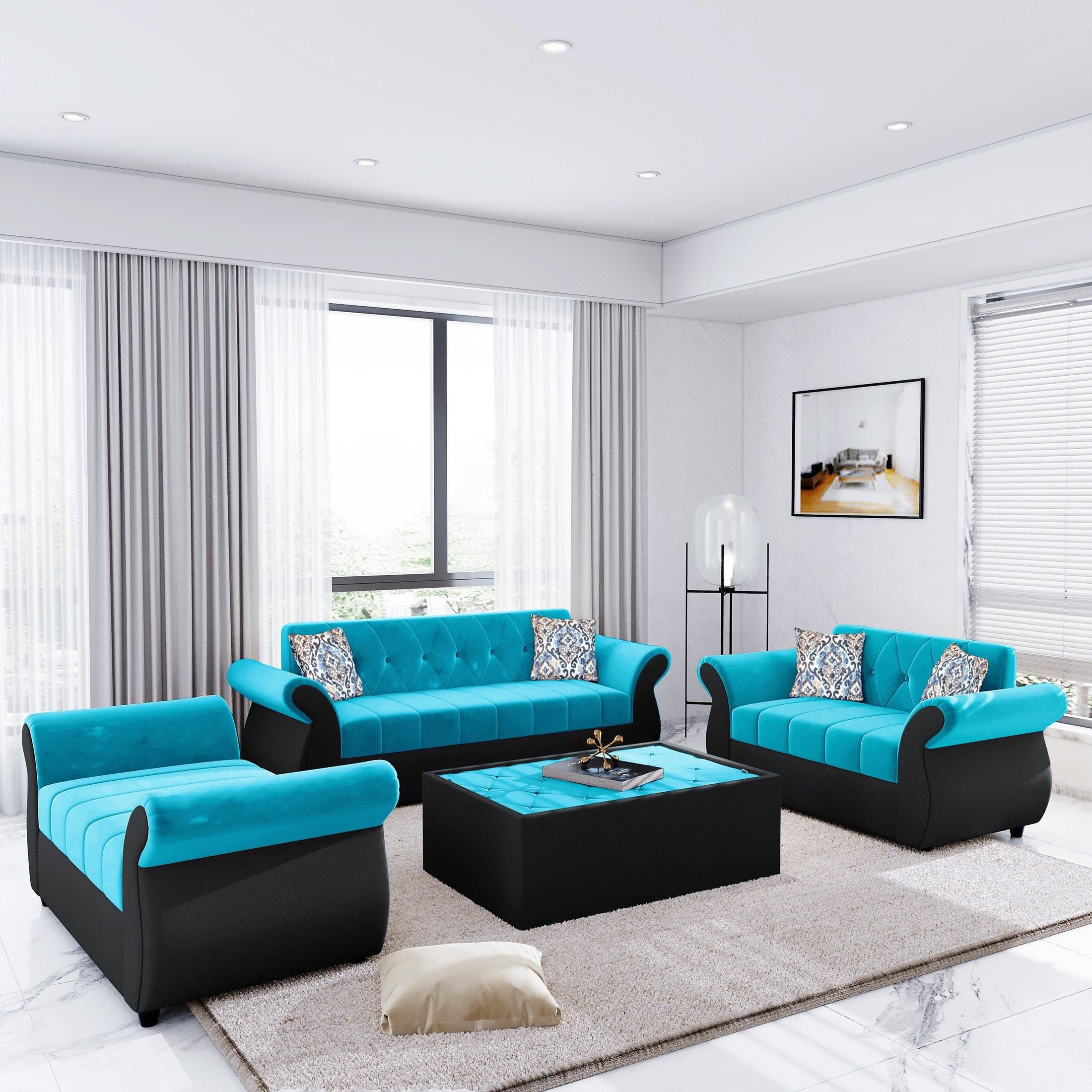 Bharat Lifestyle Alina Fabric 3 + 2 + D + Ct Aqua Blue & Black Sofa Set In Sofas In Blue (View 12 of 15)
