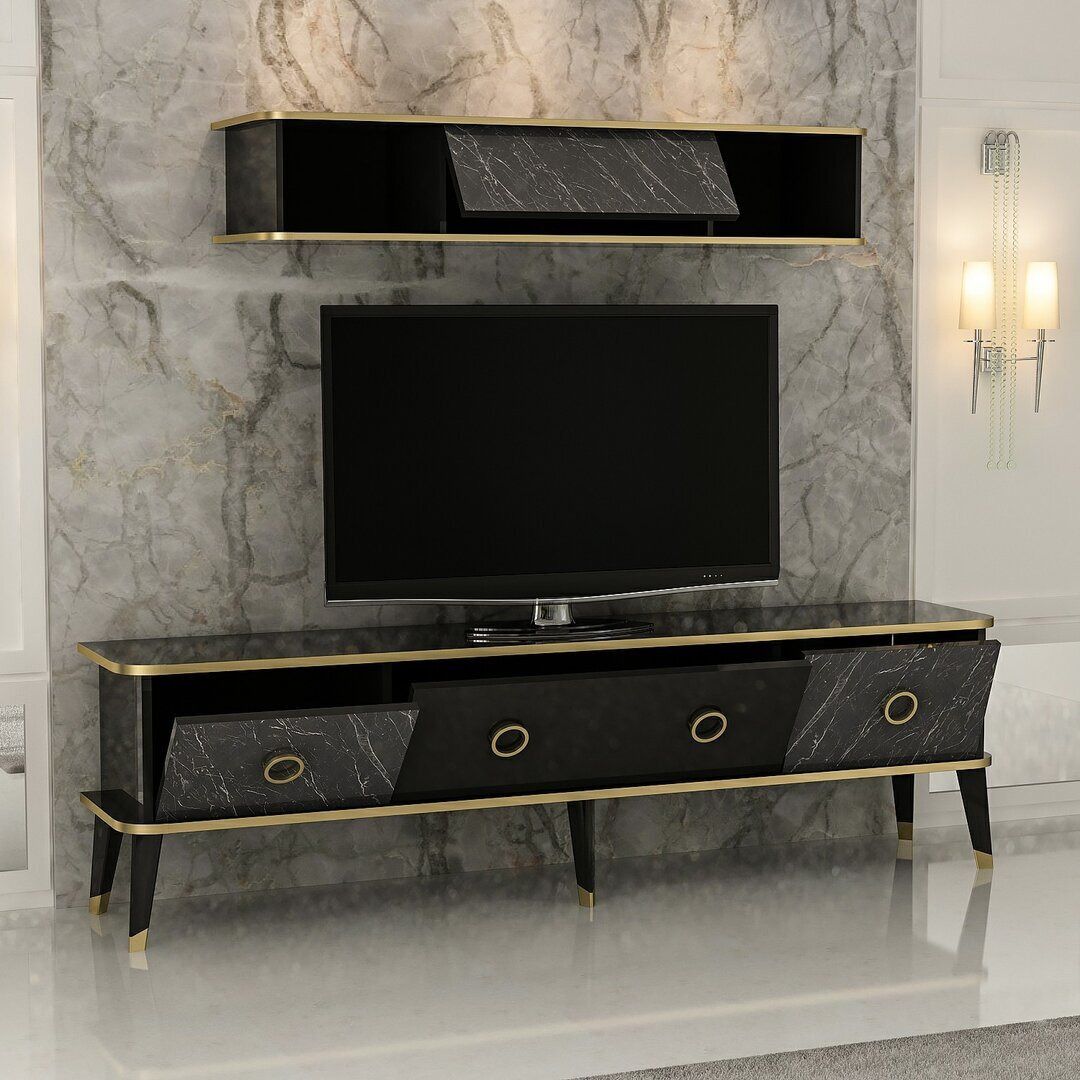 Bien Modern Marble Look Tv Unit – Glossy Black With Gold Framewayfair |  Ufurnish Throughout Black Marble Tv Stands (View 12 of 15)