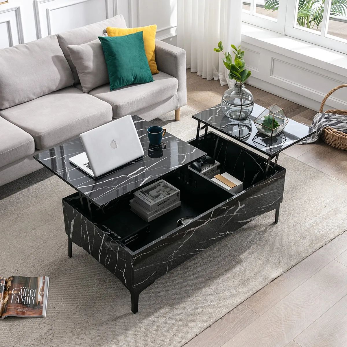 Black 43" High Gloss Lift Top Coffee Table Marble Veneer W/Storage Living  Room | Ebay With High Gloss Lift Top Coffee Tables (Photo 8 of 15)