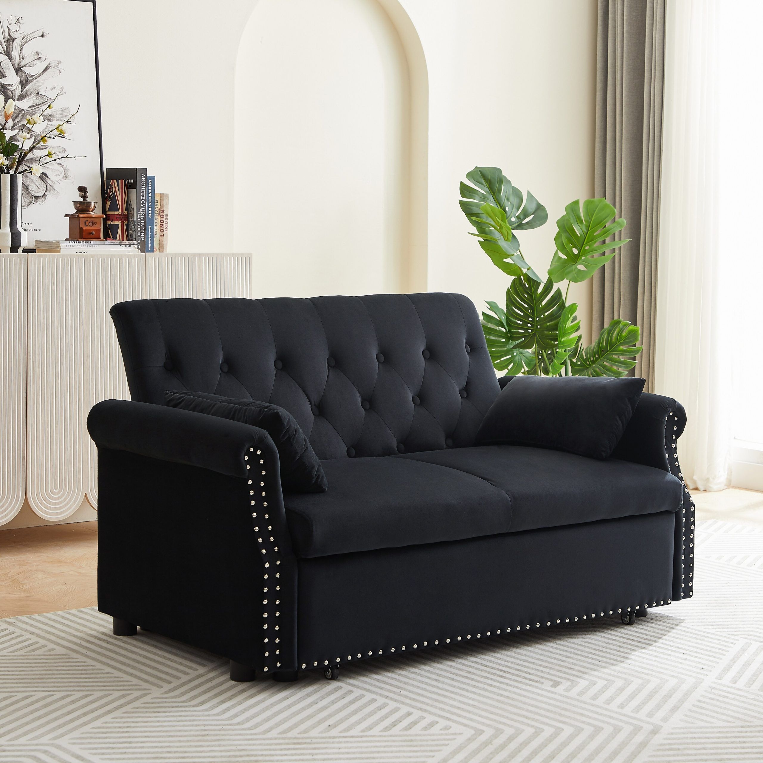Black 55" Velvet 3 In 1 Convertible Loveseat Sleeper Sofa With Adjustable  Backrest And Pull Out Bed, 2 Lumbar Pillows – On Sale – Bed Bath & Beyond –  39087328 Pertaining To Black Velvet 2 Seater Sofa Beds (View 5 of 15)