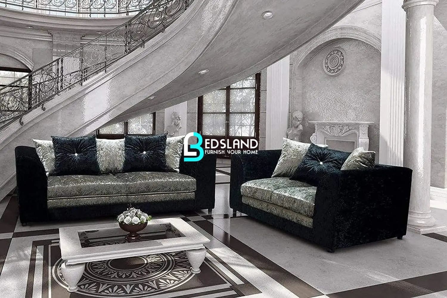 Black And Silver Crushed Velvet Sofa – Bedsland Furniture With Black Velvet Sofas (View 13 of 15)