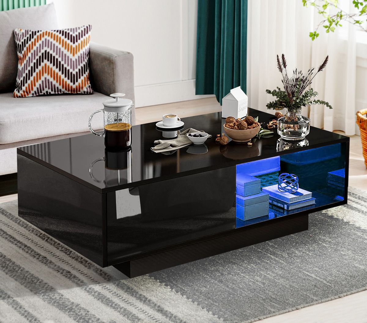 Black Led Wooden Coffee Table With Storage Drawers High Gloss Modern Living  Room | Ebay Regarding High Gloss Black Coffee Tables (View 12 of 15)