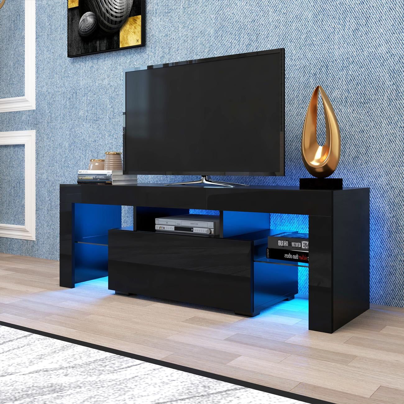Black Tv Stand With Led Rgb Lights, Flat Screen Tv Cabinet, Gaming Consoles  For Lounge Room, Living Room And Bedroom, Black 51.2''X13.8''X17.7'' –  Walmart Regarding Rgb Entertainment Centers Black (Photo 1 of 15)