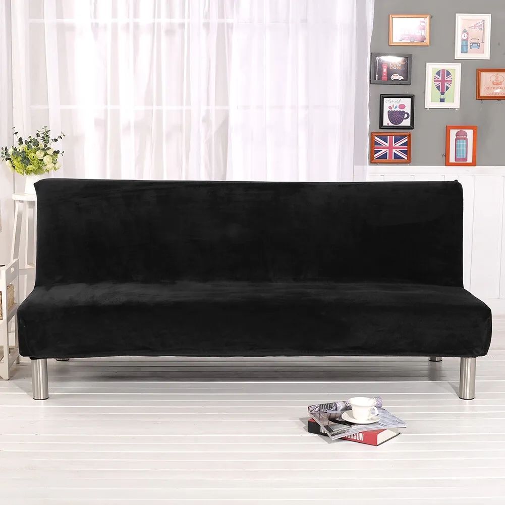 Black Velvet Armless Sofa Bed Futon Slipcover Stretch Folding Couch Cover |  Ebay Throughout 2 Seater Black Velvet Sofa Beds (View 13 of 15)