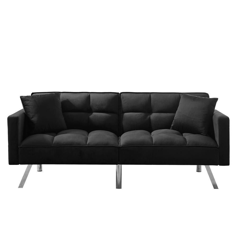 Black Velvet Futon Sofa Sleeper With 2 Pillows For Home Office Guest Room |  Ebay Regarding Black Velvet 2 Seater Sofa Beds (View 9 of 15)