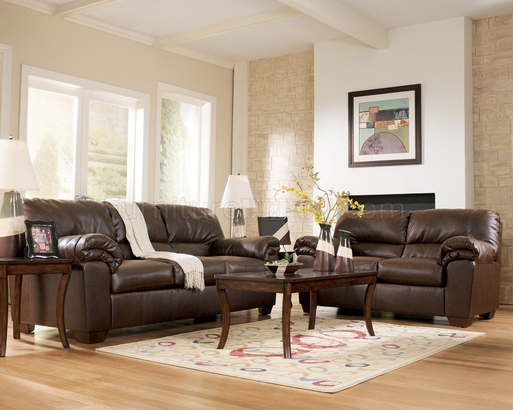 Brown Faux Leather Contemporary Living Roomashley 64501 In Faux Leather Sofas In Dark Brown (View 9 of 15)
