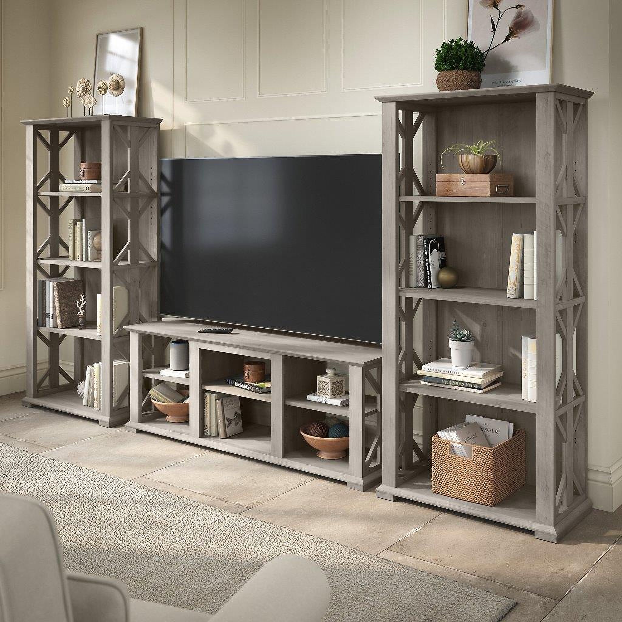 Bush Furniture Homestead Farmhouse Tv Stand For 70 Inch Tv With 4 Shelf  Bookcases In Driftwood Gray | 1Stopbedrooms Pertaining To Farmhouse Tv Stands For 70 Inch Tv (Photo 1 of 15)