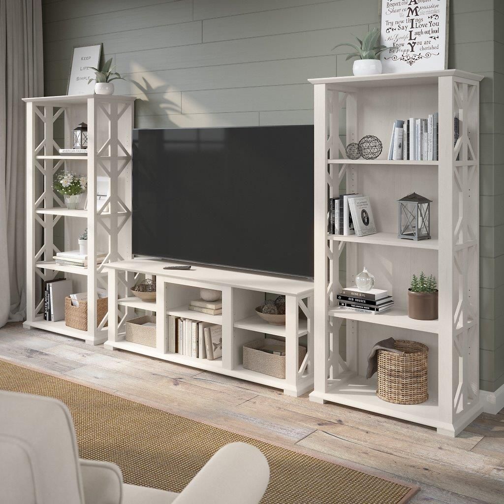 Bush Furniture Homestead Farmhouse Tv Stand For 70 Inch Tv With 4 Shelf  Farmhouse Bookcase Set In Linen White Oak | 1Stopbedrooms Pertaining To Farmhouse Stands With Shelves (View 5 of 15)