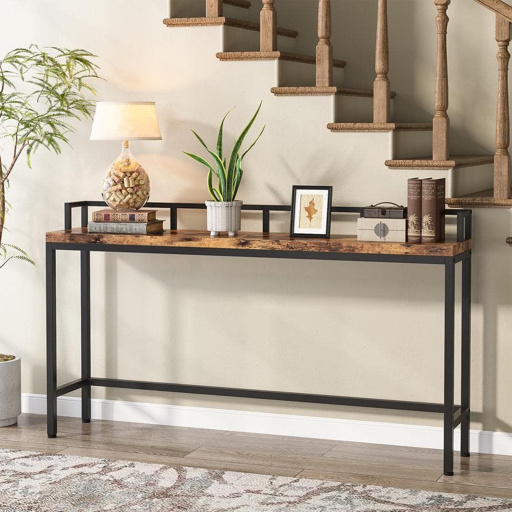 Byblight 70.9 In. Brown Rectangle Particle Board Extra Long Console Table  Skinny Hallway Table Bb C0481Gx – The Home Depot Throughout Asymmetrical Console Table Book Stands (Photo 10 of 13)