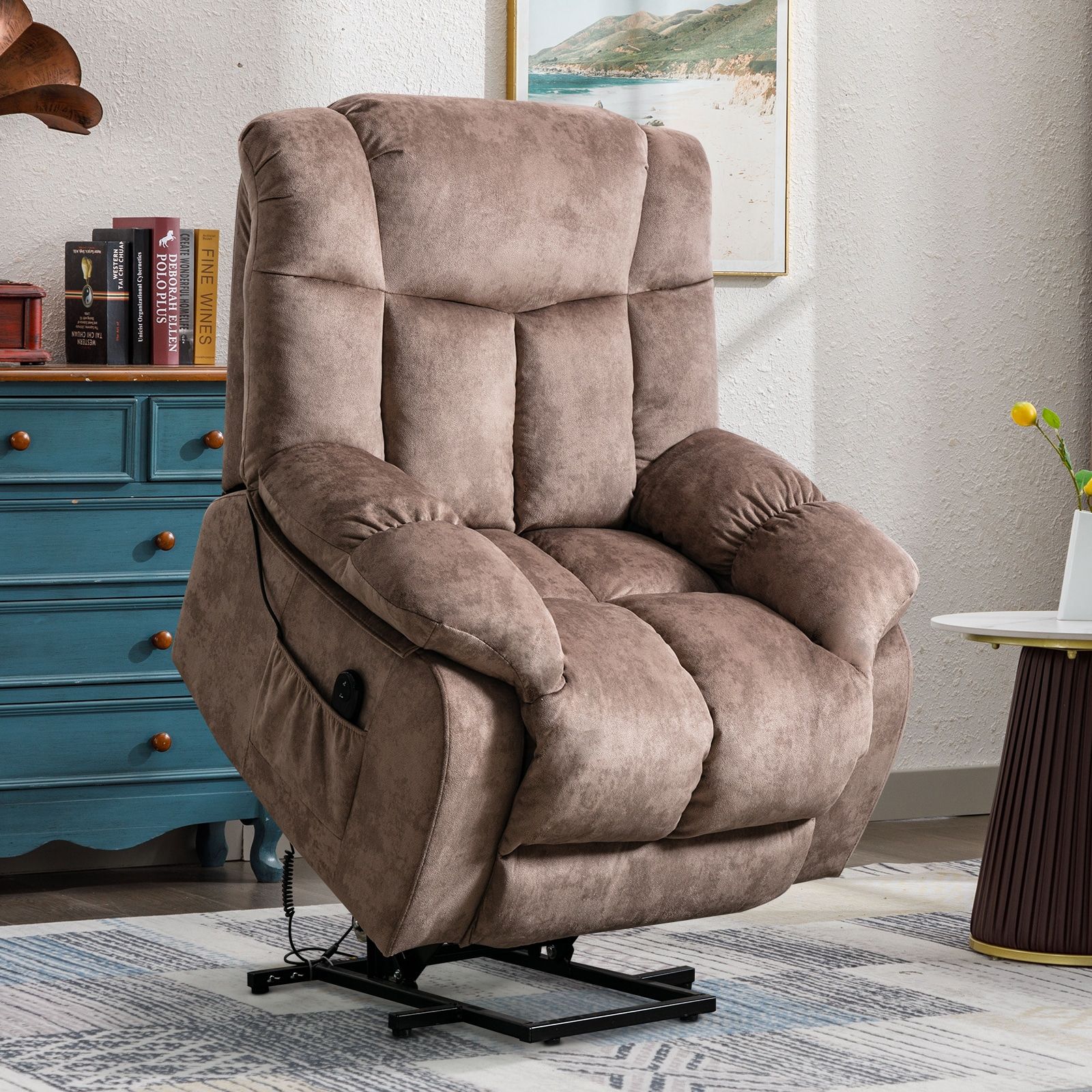 Canmov Power Lift Recliner Camel Velvet Powered Reclining Recliner With  Lift Assistance In The Recliners Department At Lowes Throughout Modern Velvet Sofa Recliners With Storage (View 11 of 15)