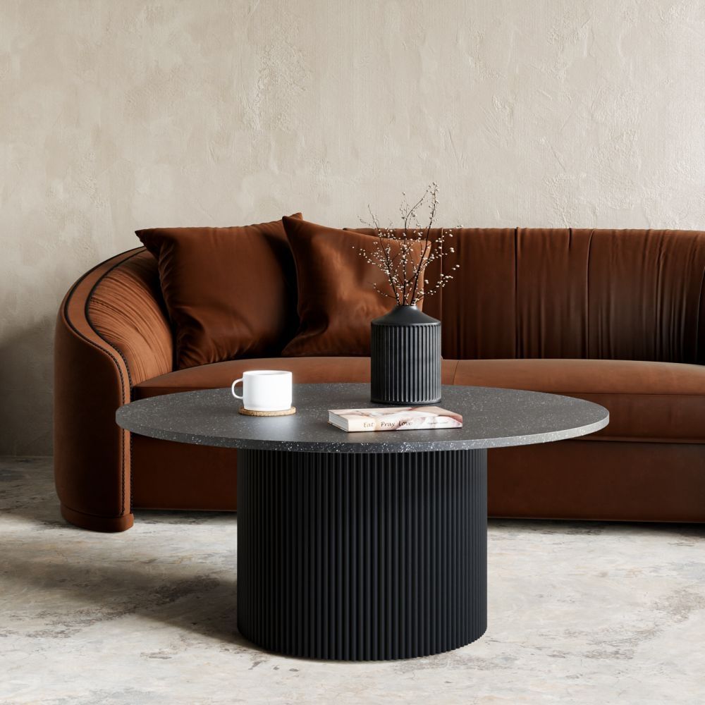 Carra Marble Coffee Table Black Large Round Top With Fluted Ribbed Drum  Base – Cfs Furniture Uk Throughout Full Black Round Coffee Tables (Photo 7 of 15)