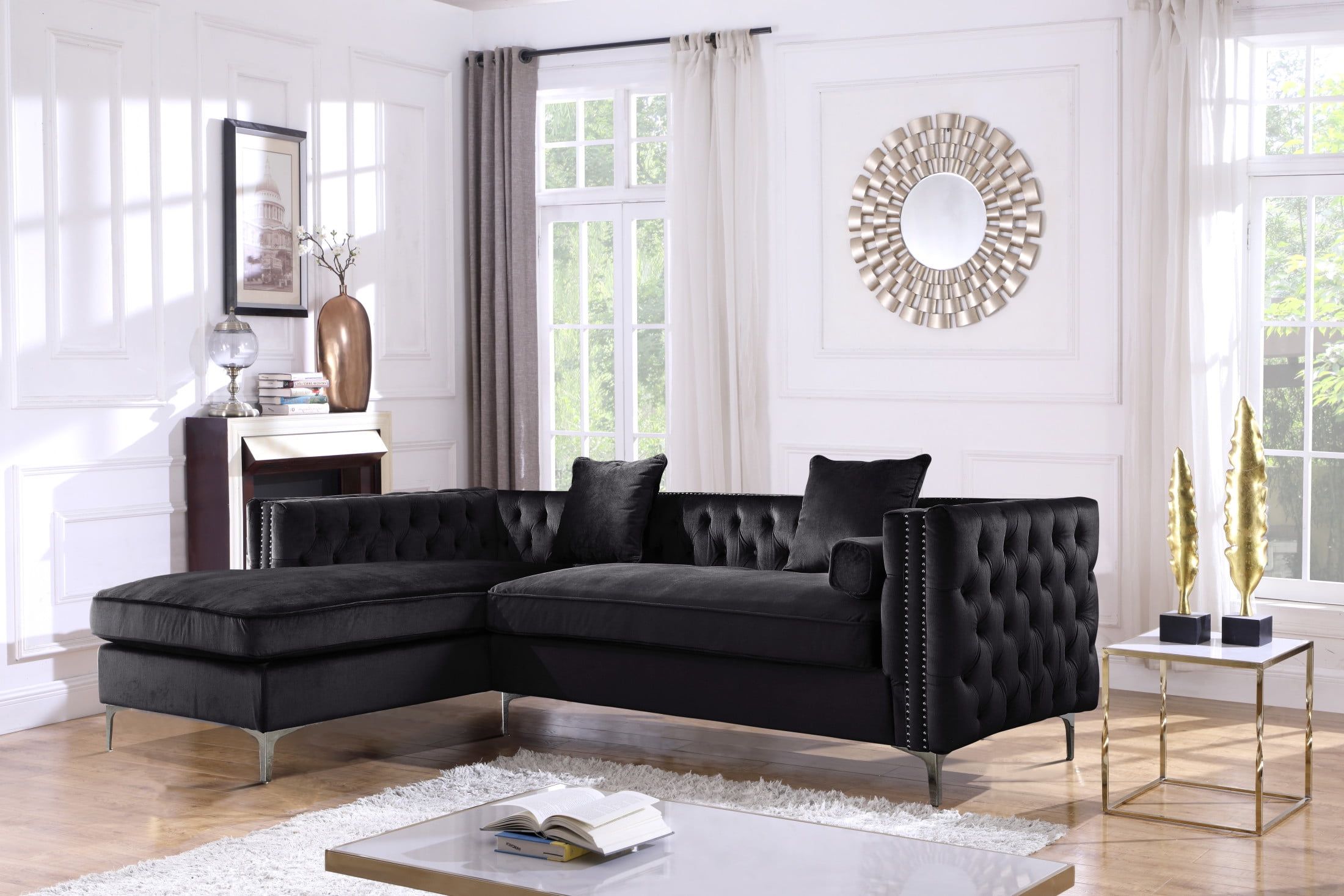 Chic Home Monet Velvet Modern Contemporary Button Tufted With Silver  Nailhead Trim Silvertone Metal Y Leg Right Facing Sectional Sofa, Black –  Walmart In Right Facing Black Sofas (Photo 2 of 15)