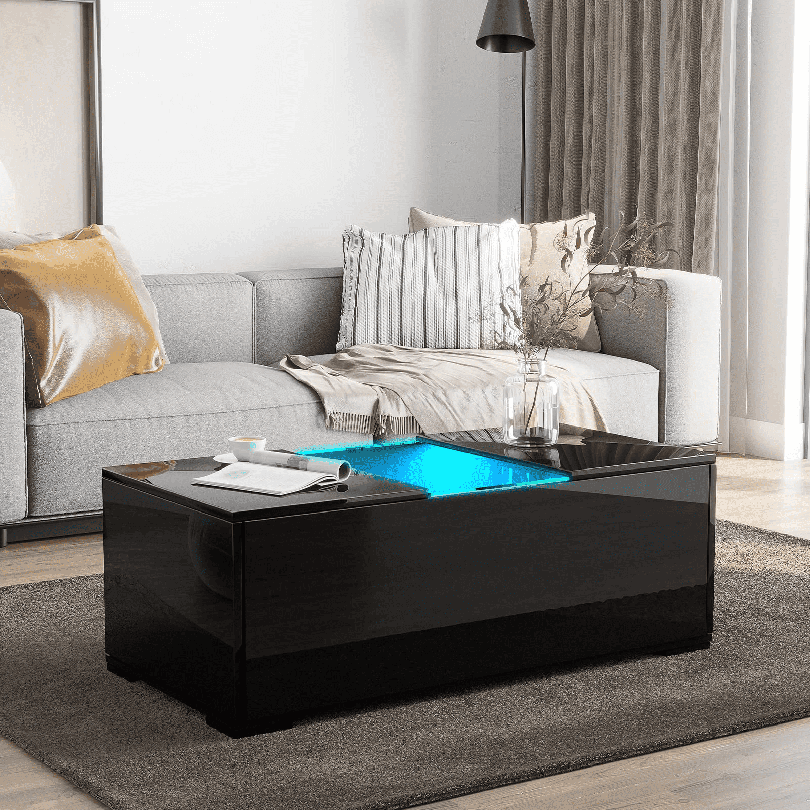 Chvans Led Coffee Tables With Storage, Rectangle High Gloss Coffee Table  With 20 Colors Led Lights For Living Room Center End Table With Glass  Tabletop & Remote – Walmart Intended For Rectangular Led Coffee Tables (Photo 8 of 15)