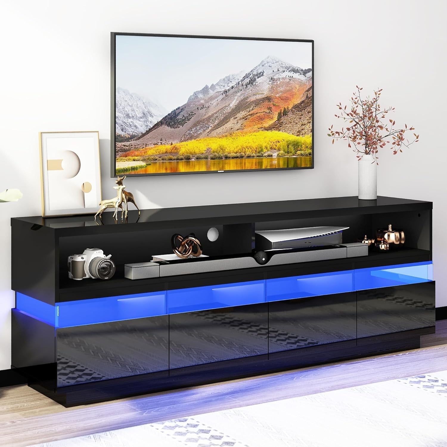 Chvans Led Tv Stand For 80/75/70 Inch Tv, High Gloss Modern Black Tv Stand  With Large Storage, Media Entertainment Center Tv Stands With Drawers And  Cabinets For Living Room – Walmart Within Tv Stands With Led Lights &amp; Power Outlet (Photo 10 of 15)