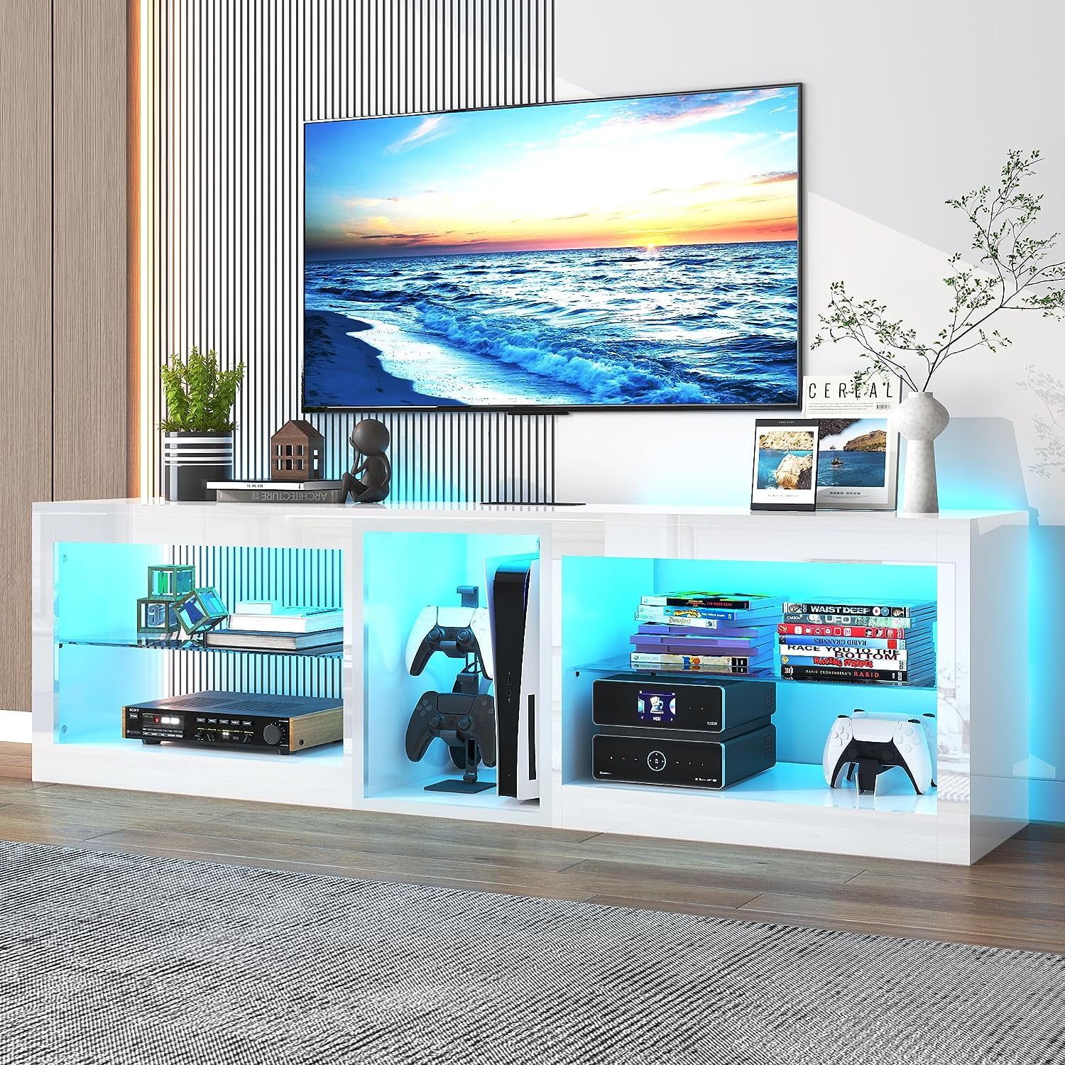 Chvans Modern Led Tv Stand For Tvs Up To 70" With Adjustable Led Lights/ Outlet, High Gloss Entertainment Center With Open Shelves Storage, Media Console  Tv Stands For Living Room, Game Room, Bedroom(White 63 Pertaining To Led Tv Stands With Outlet (View 5 of 15)