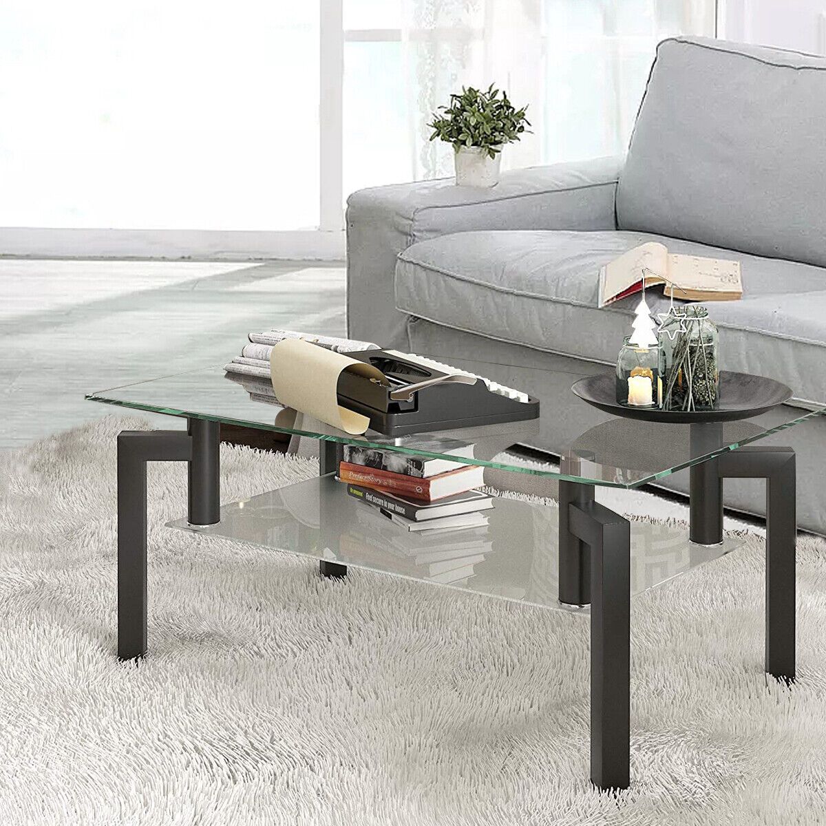 Clear Glass Coffee Table Rectangle End Table Modern Side Center Tables  Black Leg | Ebay Throughout Clear Rectangle Center Coffee Tables (View 5 of 15)