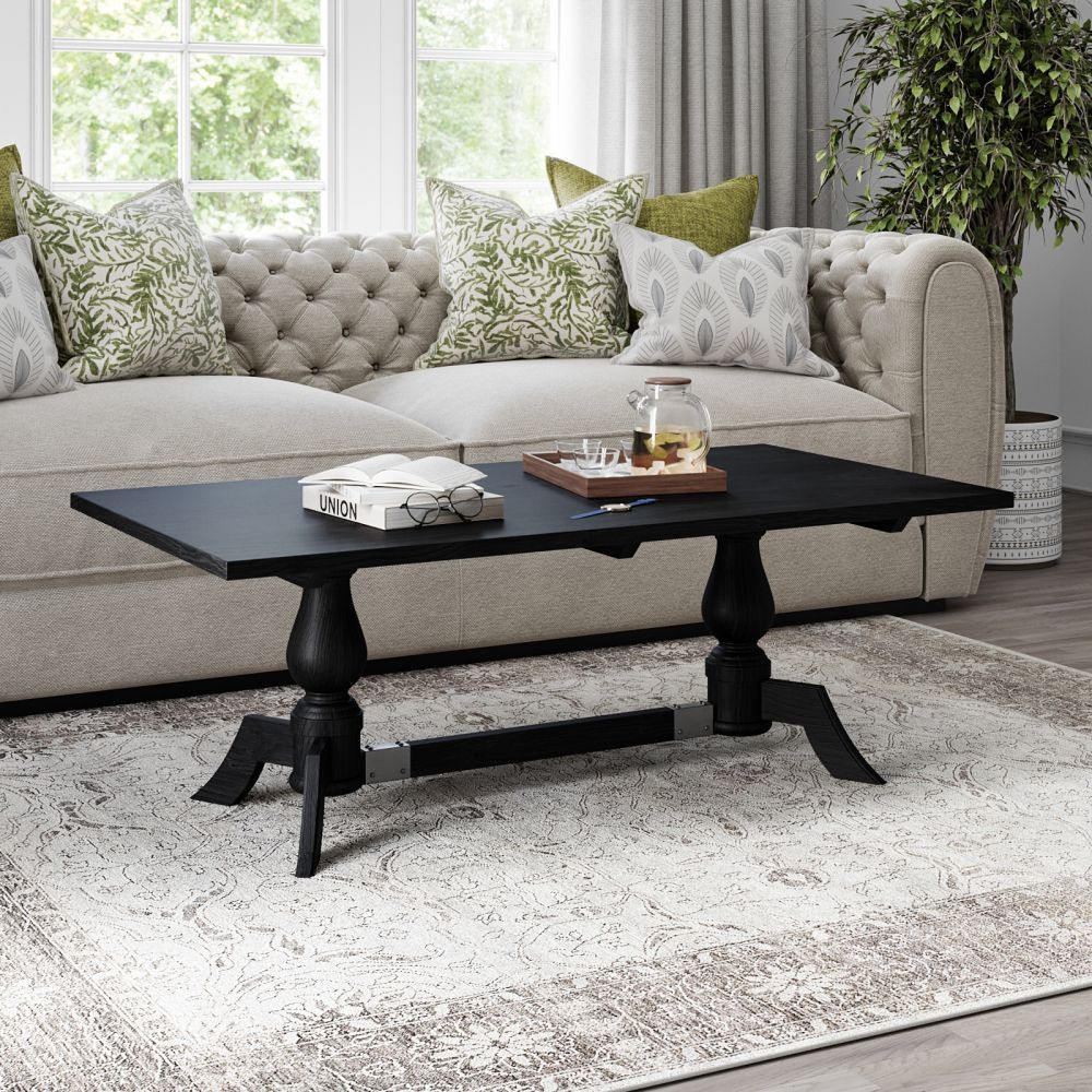 Clemence Black Painted Coffee Table, Solid Mango Wood Rectangular Top With  Double Pedestal Balustrade Base With Rectangular Coffee Tables With Pedestal Bases (View 2 of 15)