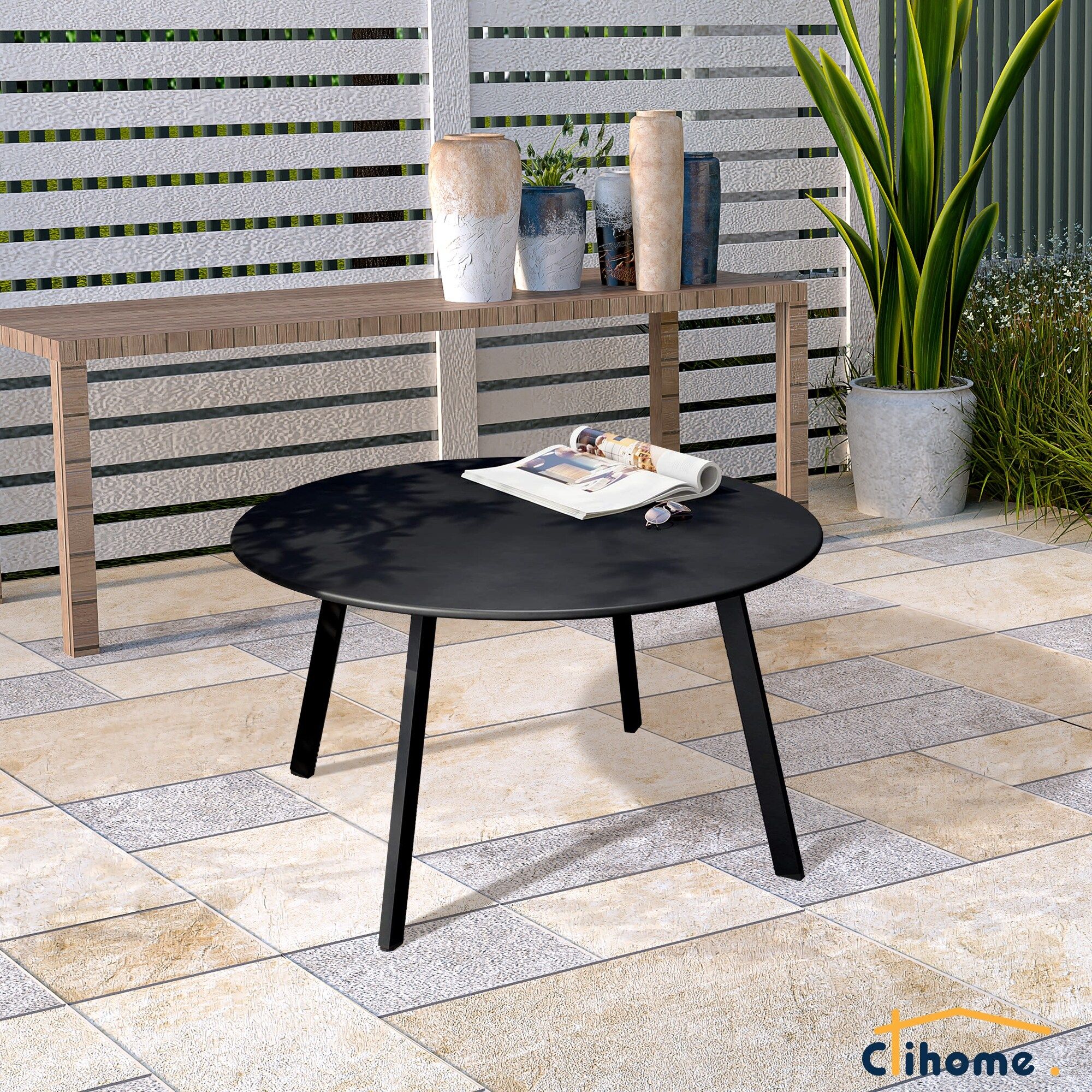 Clihome Weather Resistant Round Steel Patio Large Coffee Table – On Sale –  Bed Bath & Beyond – 36089720 Inside Round Steel Patio Coffee Tables (View 2 of 15)